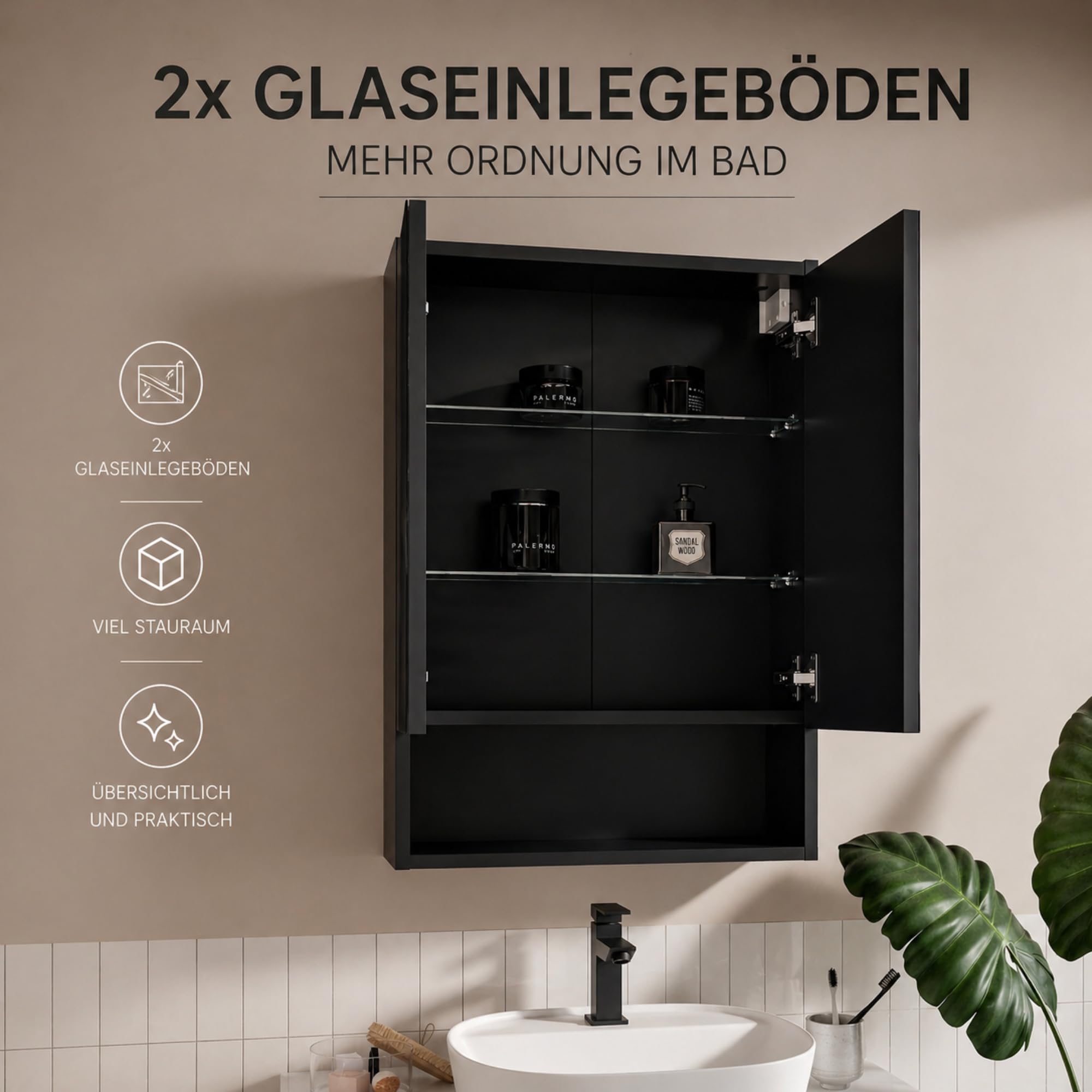 Armadietto Bagno Con Specchio LED 50x70 cm Nero, Mobile Specchio Bagno Sospeso Con Luce LED 4000K, Presa Elettrica e Interruttore, Pensile Bagno Con Ripiani In Vetro, Specchiera Bagno Moderna