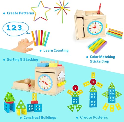 Miniatura 4 de WOODMAM Juguetes Montessori de madera para niños pequeños cubo de actividades 8 en 1 incluye caja permanente de objetos juego de cosecha de