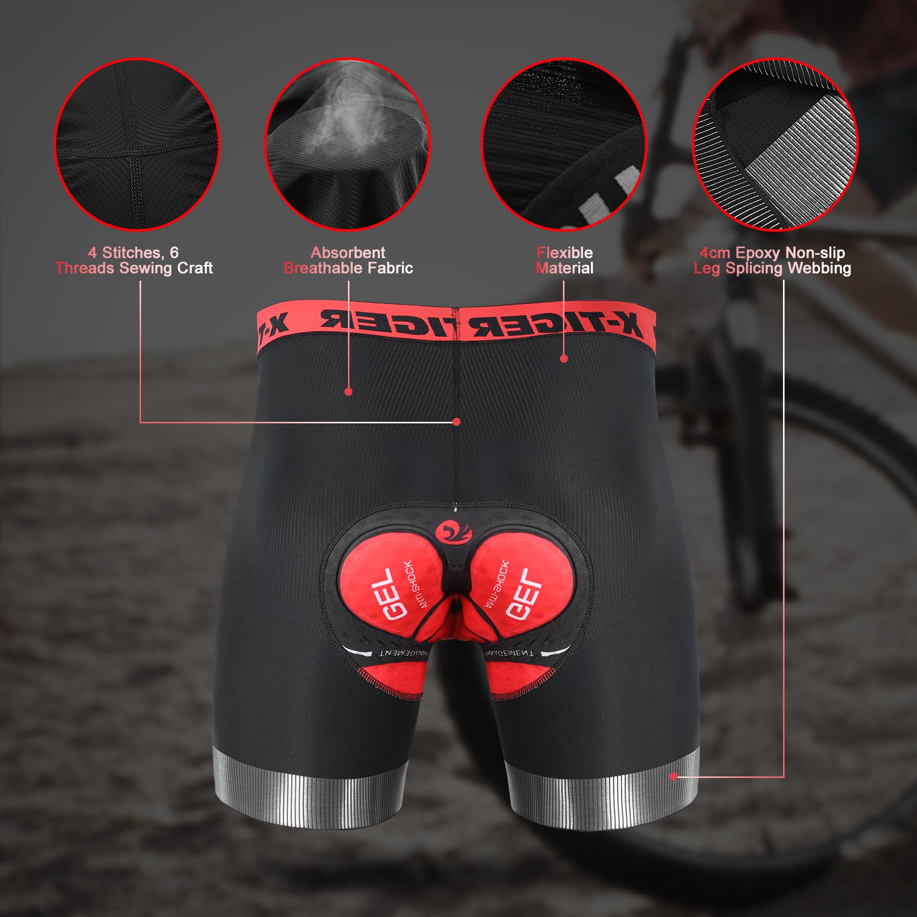X-TIGER Hommes Sous Vêtements Cyclisme 5D Rembourré Gel Vélo Shorts VTT Doublure Caleçons