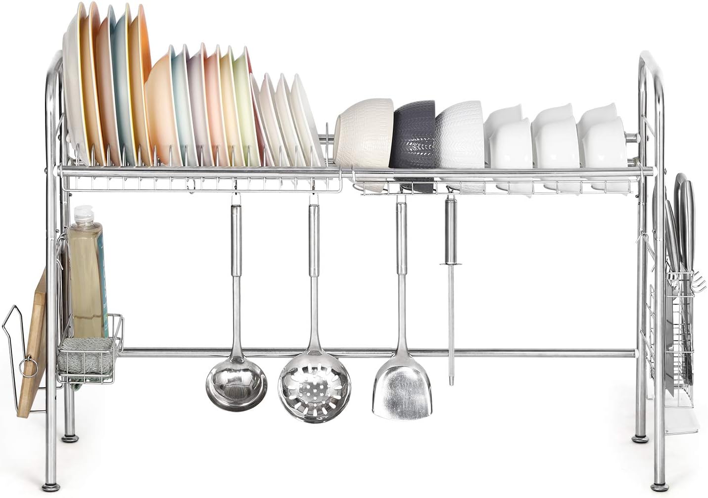 Over The Sink Dish Rack and Drainboard Set Dish Drying Rack Stainless Steel Dish Storage Organizer Rack Display Stand Adjustable Kitchen Drainer Large Bowl Rack Above Sink Silver