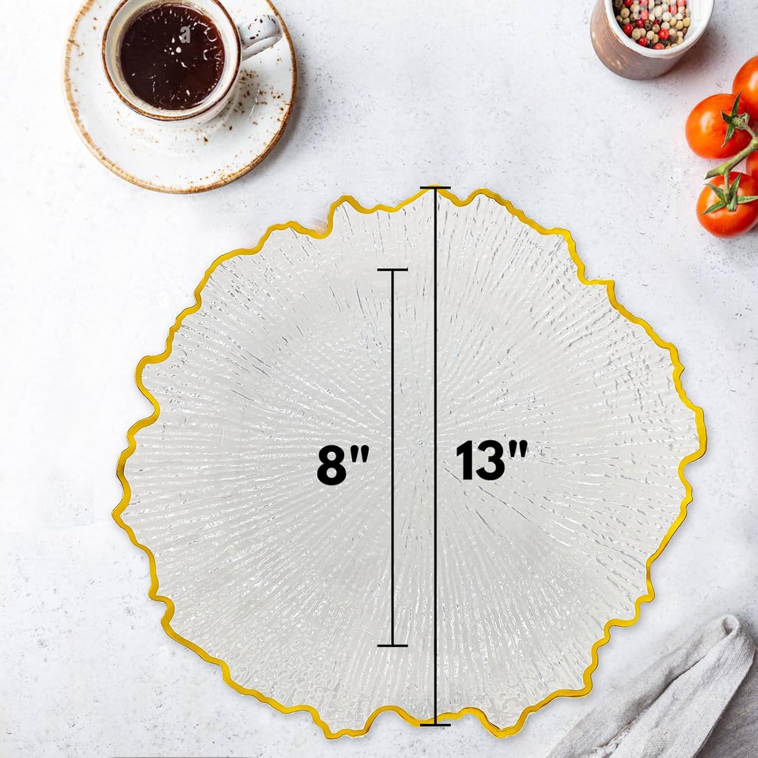 CN JIAHE 13inch Clear Acrylic Reef Gold Rim Charger Plates Set of 8 , for Dinner , Wedding , Party , Event Decoration.