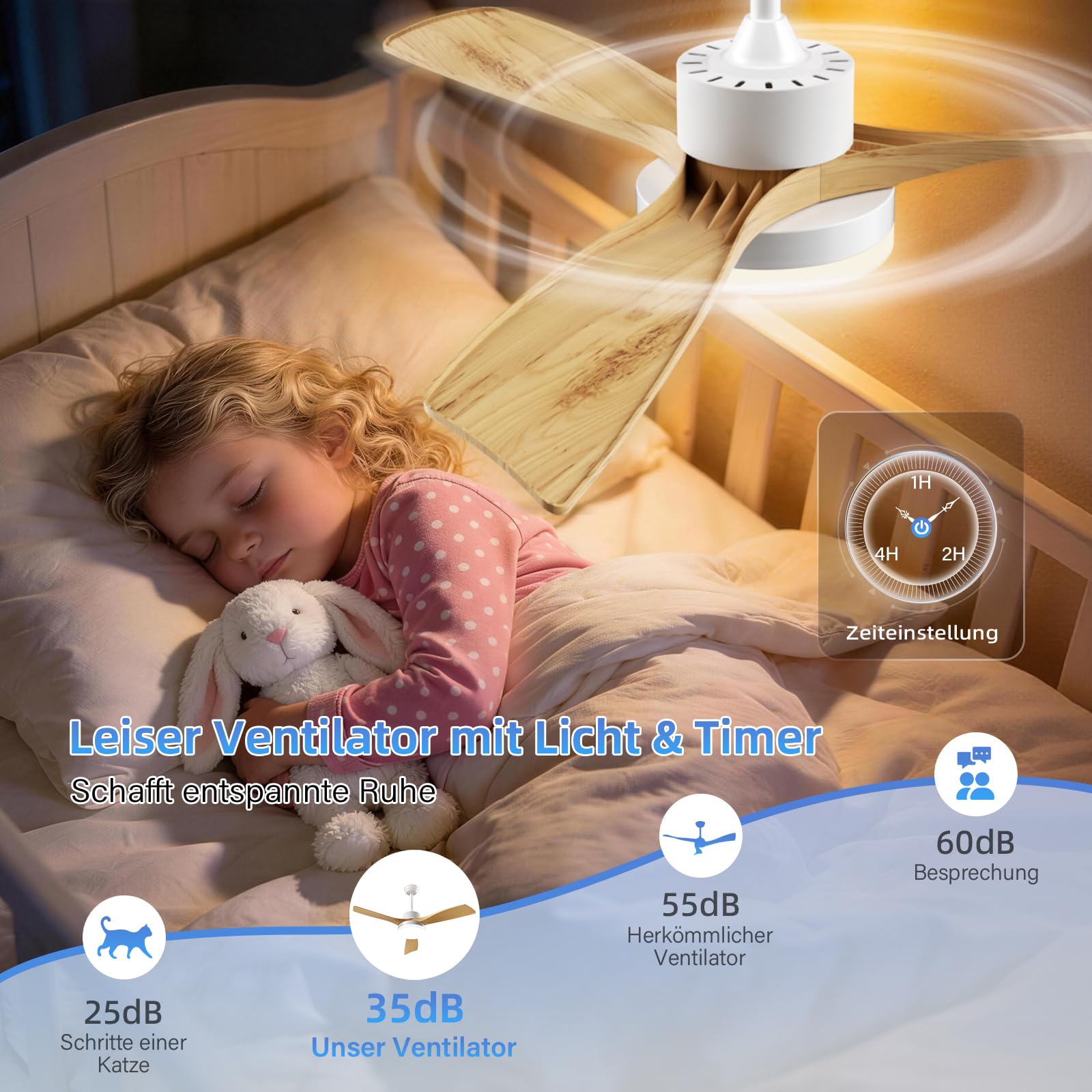 EppieBasic Ventilateur de Plafond avec Lumière LED 3000LM 132cm Moteur DC Silencieux Télécommande 6 Vitesses 3 Pales Bois Design Moderne
