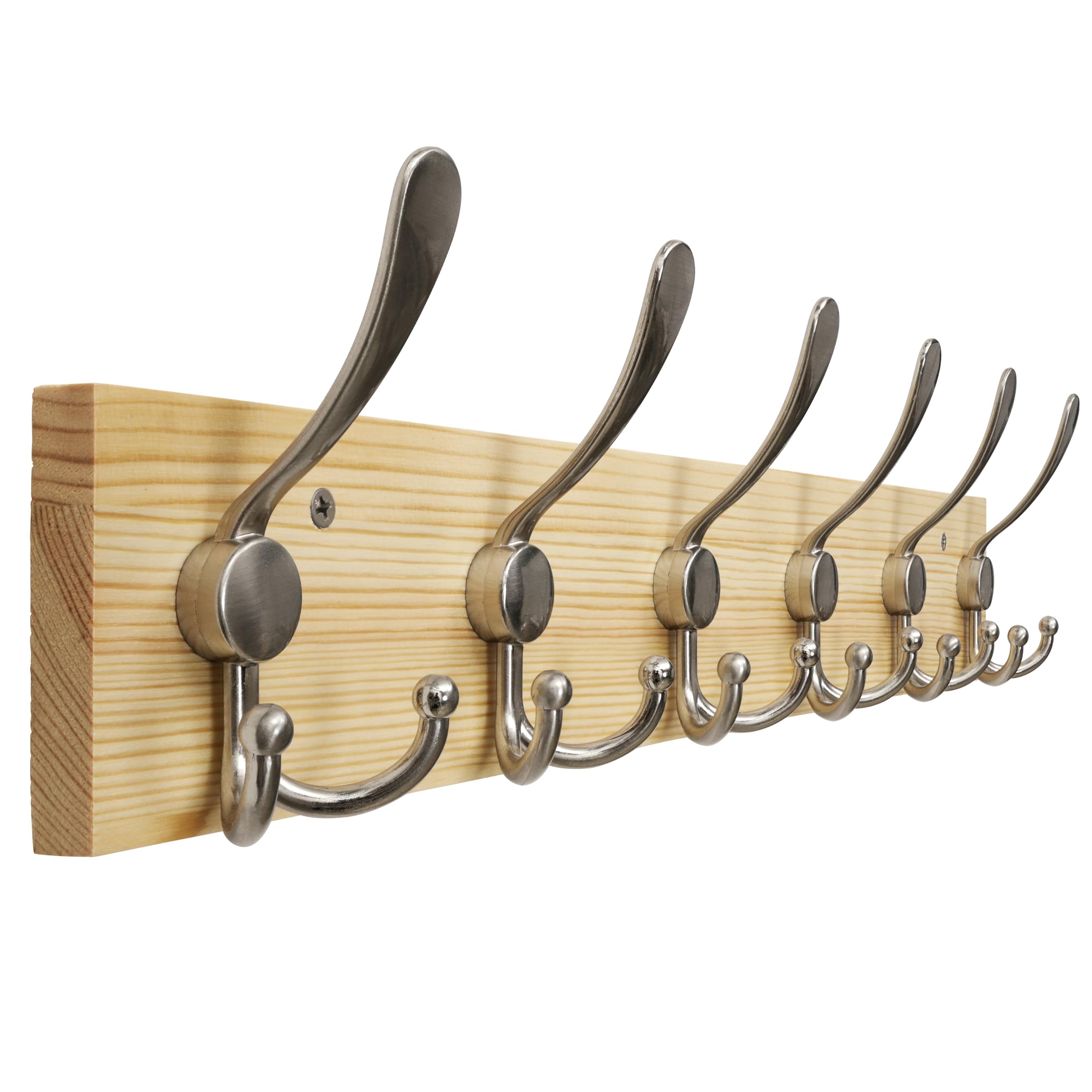 HONSKY Wall Mounted Coat Rack, Pine Wood Spliced Panel, 6 Nickel Triple Hooks(18 Hanging Points), Sturdy Wall Coat Hanger, Wooden Coat Hooks for Entryway Hallway Bedroom,Easy Install
