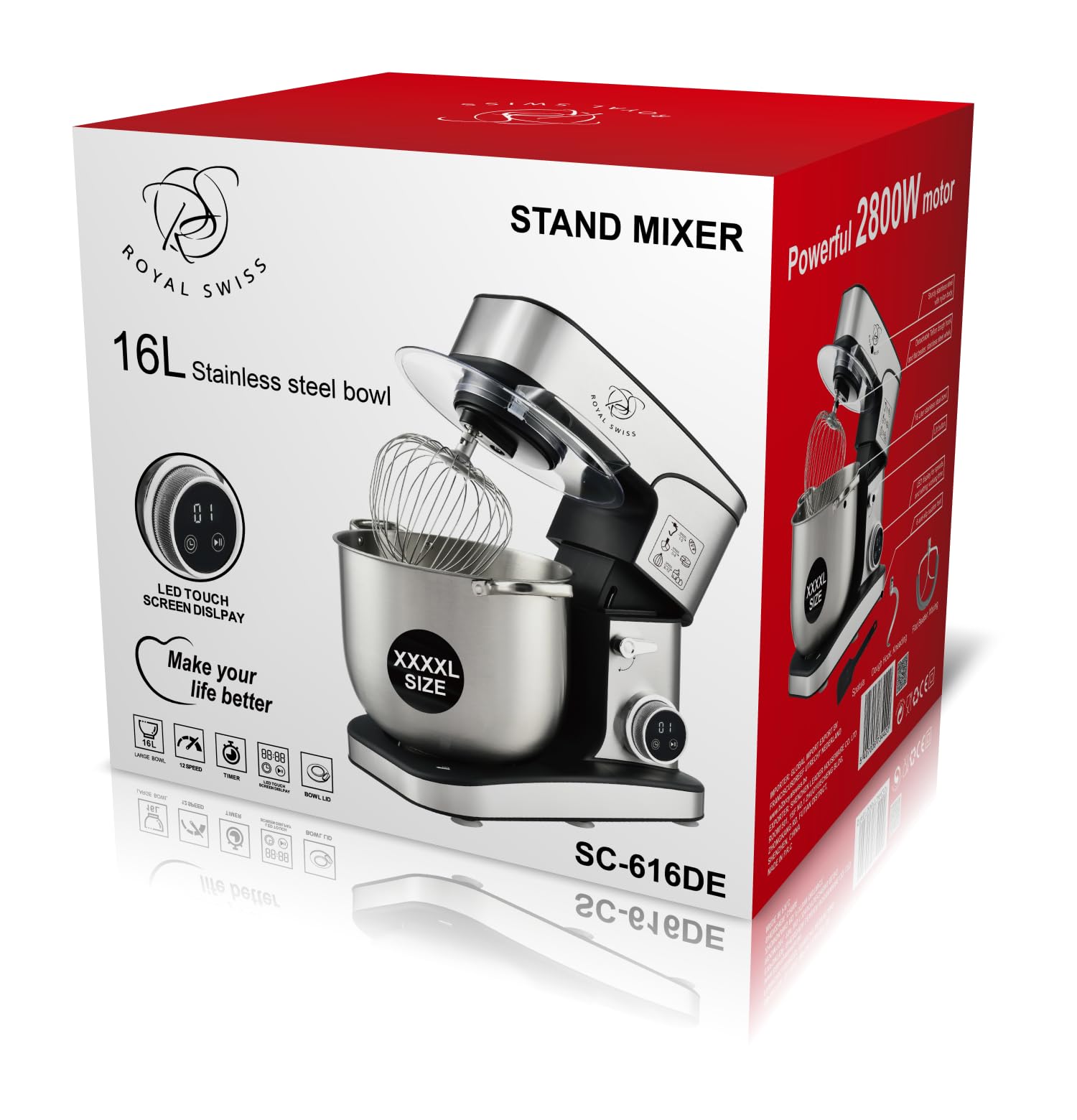 Royal Swiss ® Robot Pâtissier Professionnel 16L XXXXL 2800W, grande capacite - 12 Vitesses + Timer, Bol Inox, Ultra Puissant Pain, Pizza & Pâtisserie, patissier, Usage Intensi, Bol Inox Pâtissier