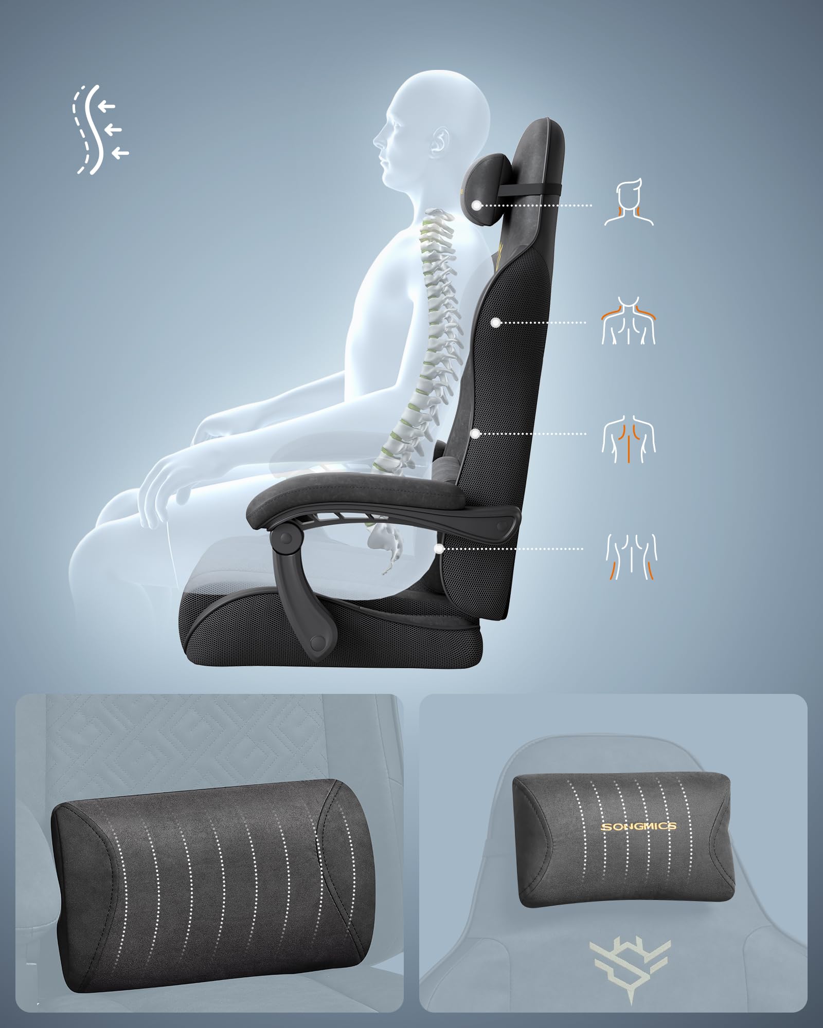 SONGMICS Krzesło do gier, krzesło biurowe, ergonomiczne, fotel gamingowy, poduszka sprężynowa, podnóżek, podłokietniki z mechanizmem synchronicznym, tusz czarny OBG079B01