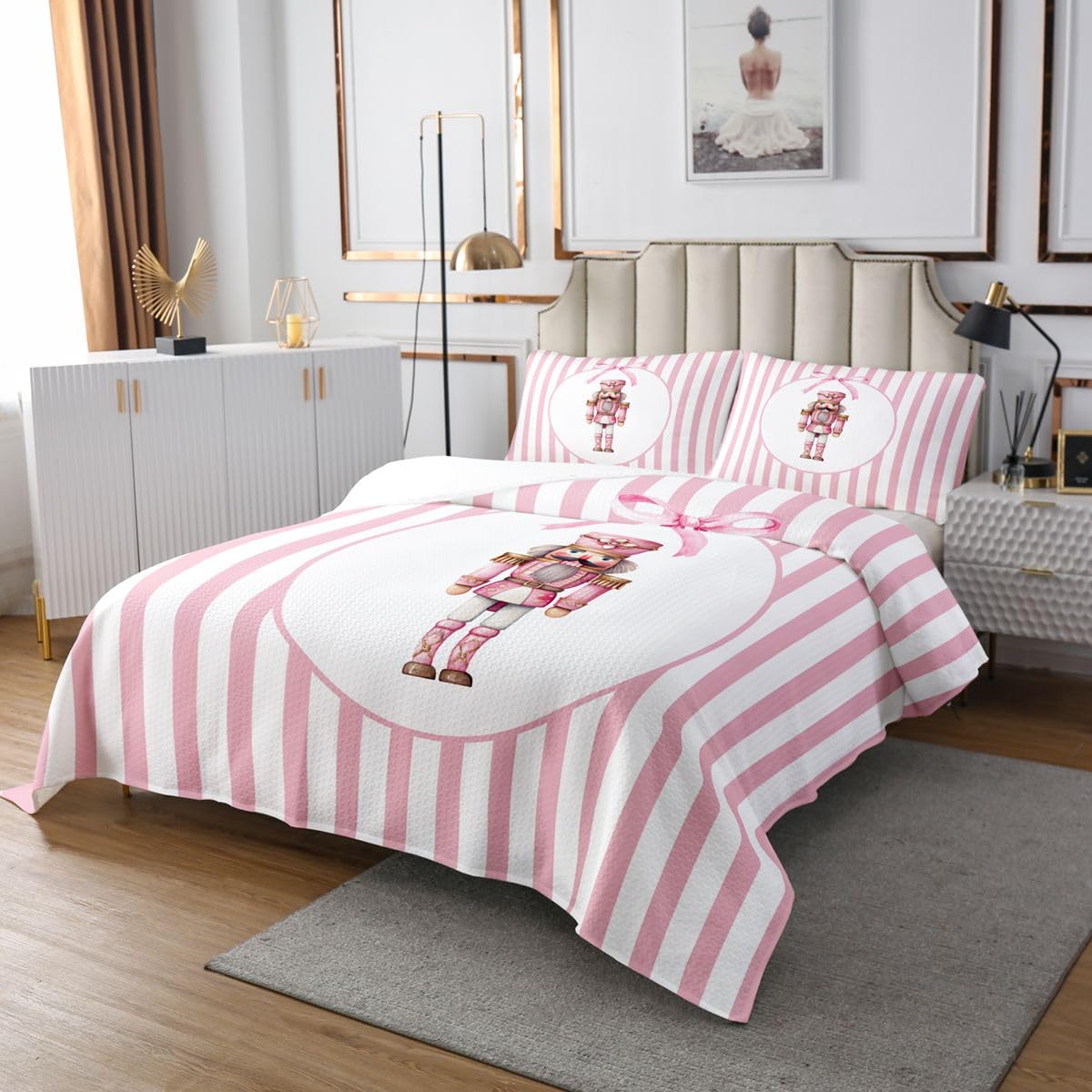Kołdra z dziadkiem do orzechów z 2 miseczkami na poduszki, na Boże Narodzenie, Lovely Dreamy Bowknot Coverlet, rozmiar M, dla nastolatków, dorosłych, na zimę, Boże Narodzenie, paski