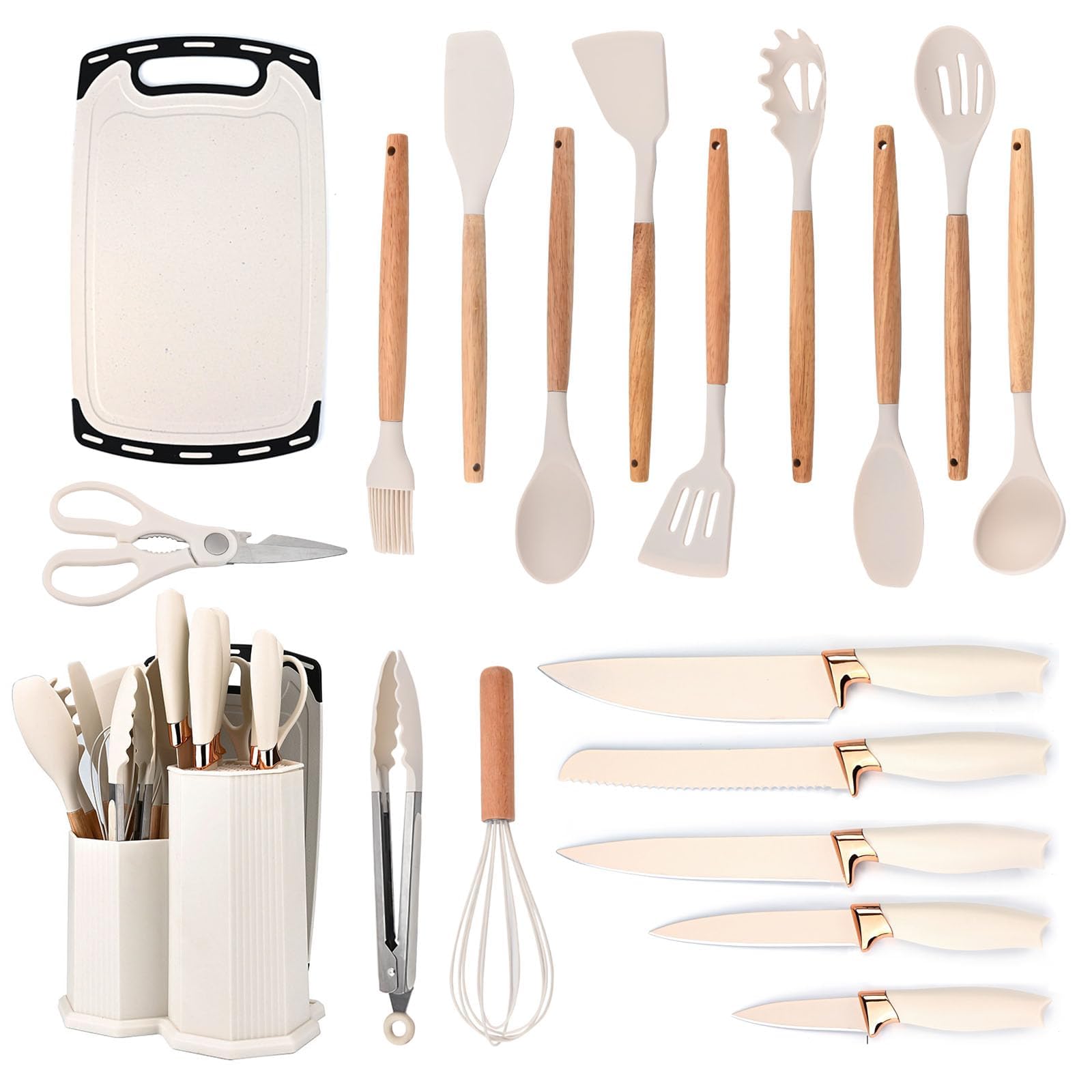 Kitchen Utensil Set, Kitchen Knife Sets with Block and 11 PCS Cooking Utensils Set,Heat Resistant Silicone Utensils, 6 Piece Stainless Steel Knive Set with Whisk Tongs and Cutting Board (White)