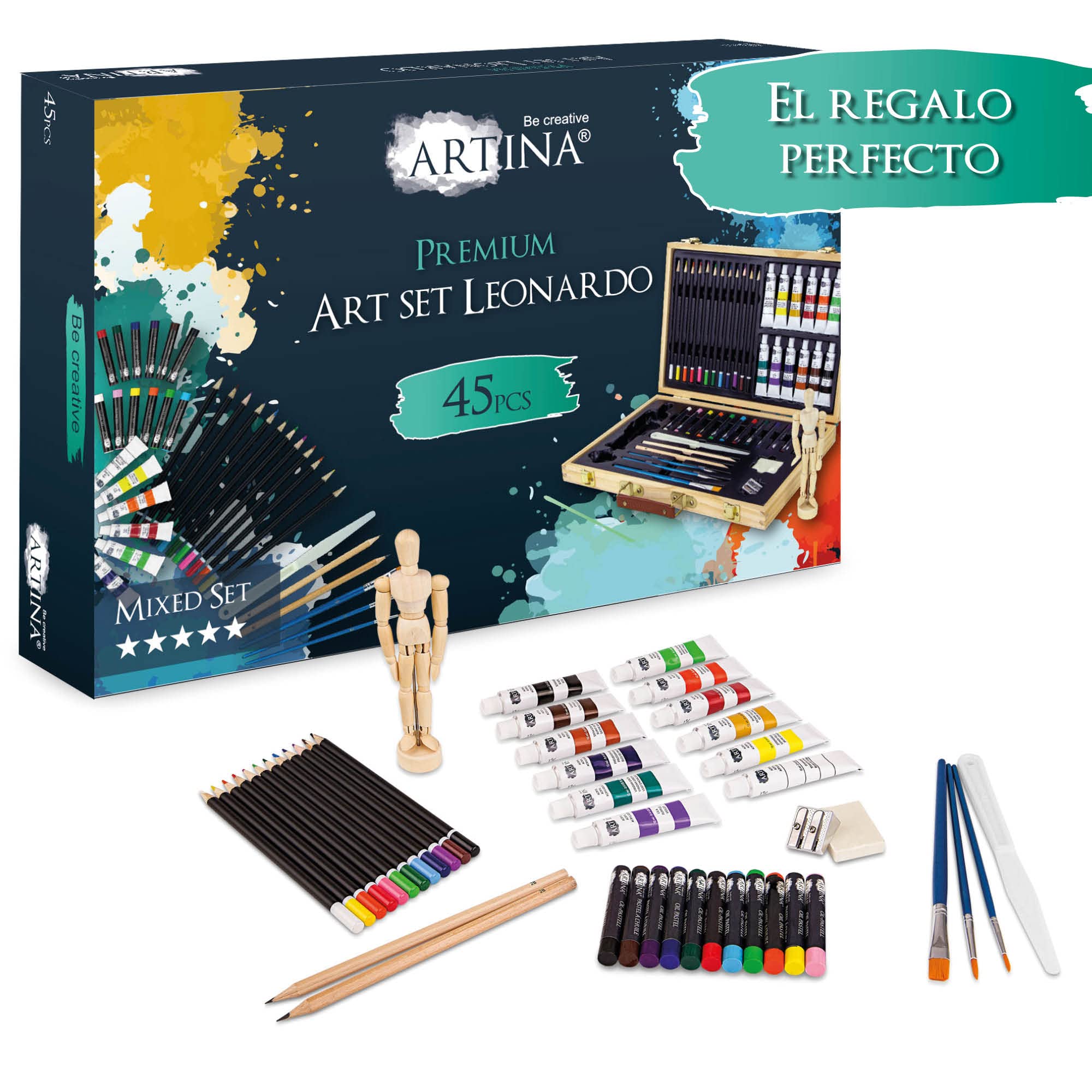 Artina Leonardo - Set de pintura (45 pzas.) - Maletín con colores acrílicos, lápices, Pinceles, Pasteles y maniquí