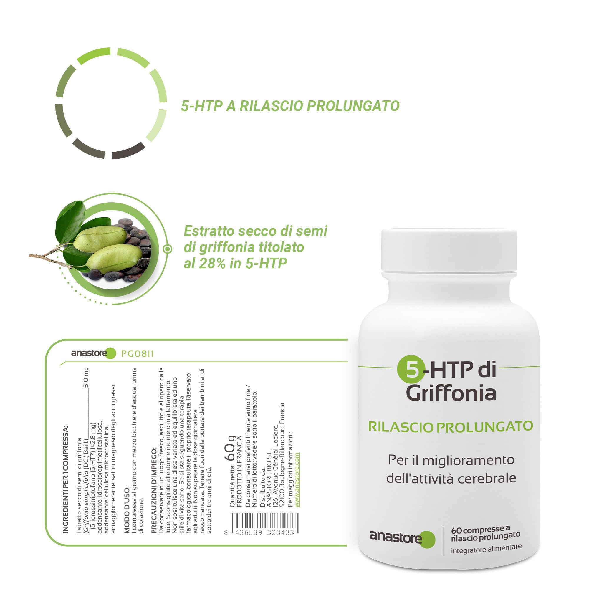 5-HTP di Griffonia * 510 mg / 60 compresse * origine naturale a rilascio prolungato * equilibrio emotivo