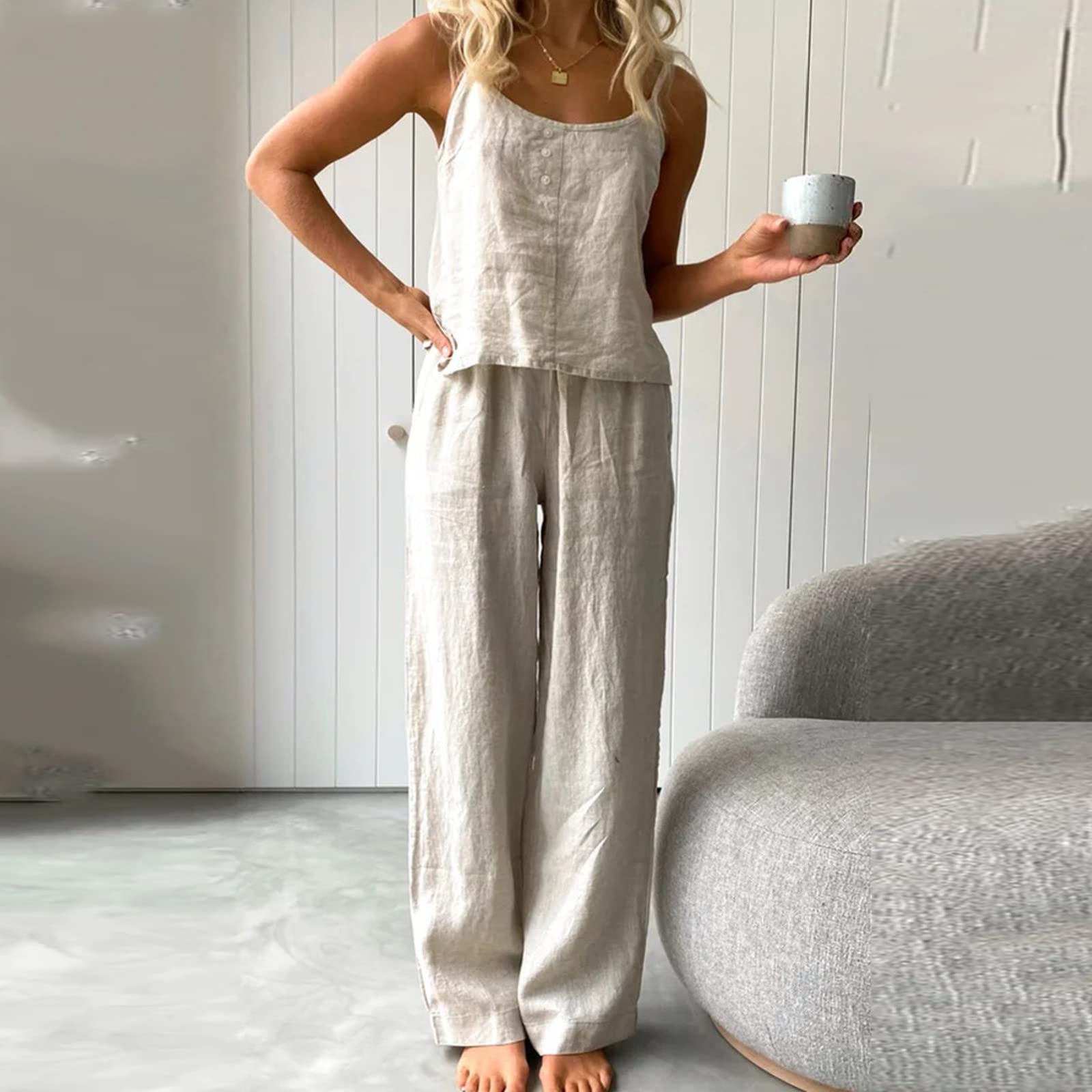 Conjunto de ropa de algodón y lino para mujer, camiseta y pantalones