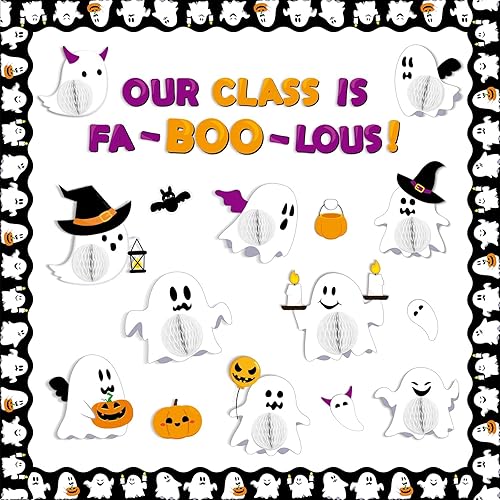 Miniatura 1 de Juego de tableros de anuncios de bolas de panal de fantasmas de Halloween, recortes de fantasma, calabaza, murciélago, cortes de papel para fiesta