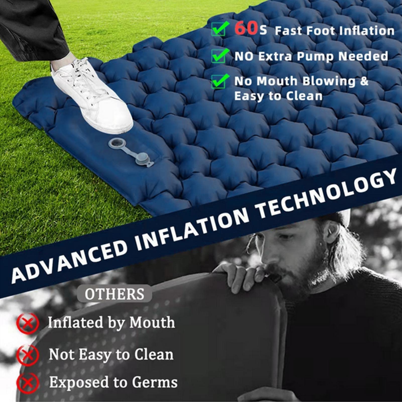 Colchoneta Inflable Doble para Acampar con Almohada, Colchoneta Doble Autoinflable con Almohada, Colchoneta De Nailon Impermeable para Exteriores para Senderismo, Camping (Azul Oscuro)