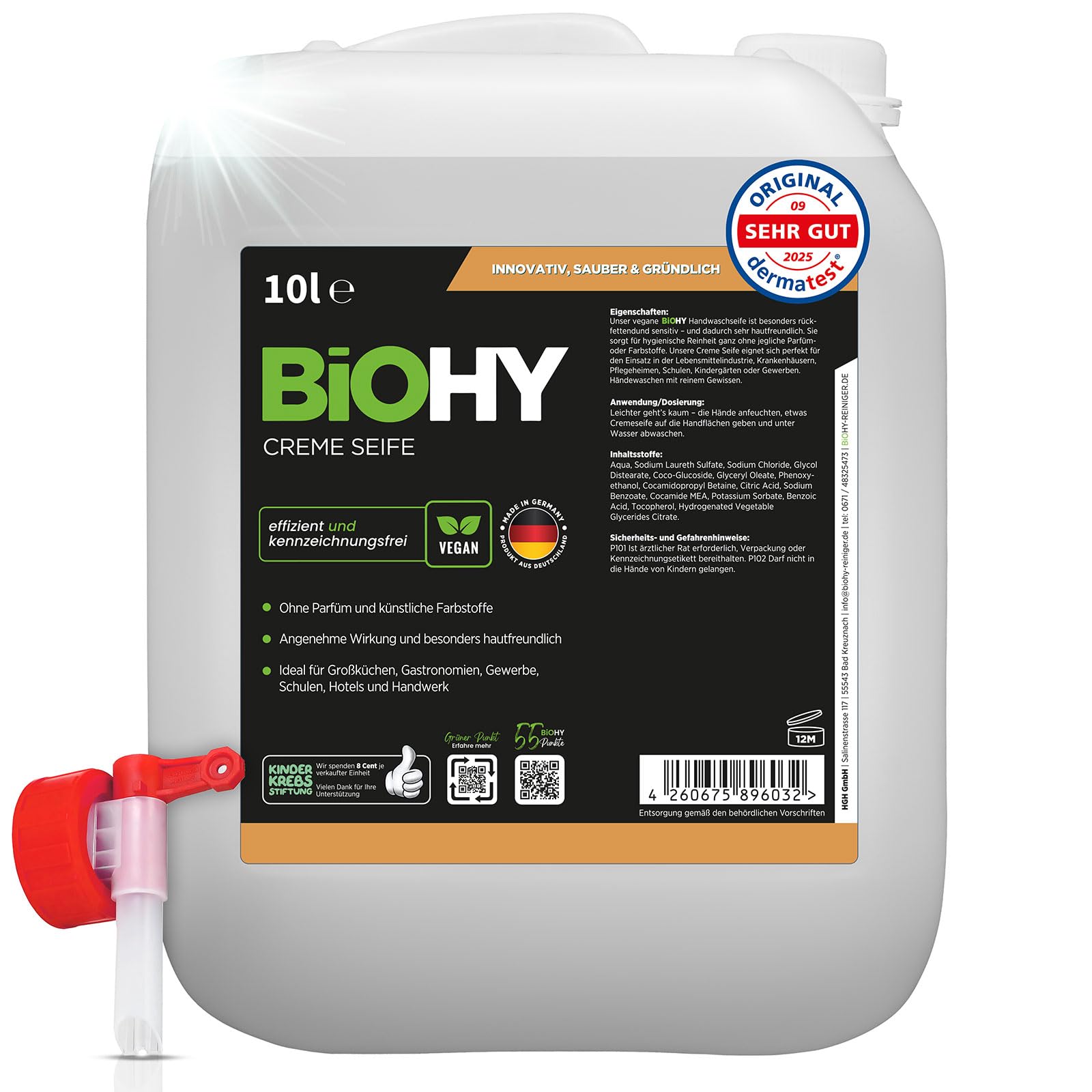 BiOHY Mydło kremowe (10l kanister) + kranik spustowy | Przyjazny dla skóry, odtłuszczający i bezzapachowy wkład do mydła | BEZ FOSFORANÓW | Bez perfum i barwników (Creme Seife)