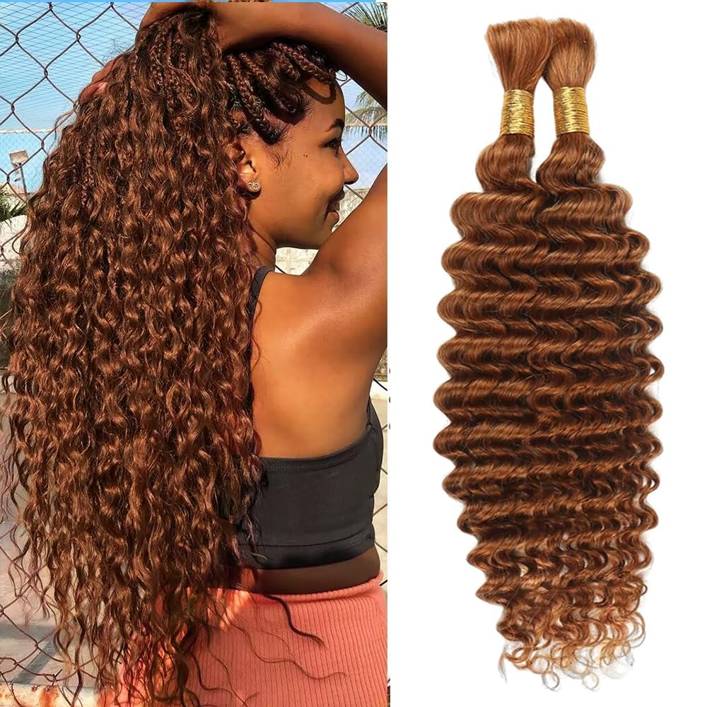 Human Braiding Hair 20 Inch 100g Brown Deep Wave Bulk Human Hair for Braiding No Weft Curly Bundles Hair Extensions for Boho Knotless Wet and Wavy Braids #30 Color