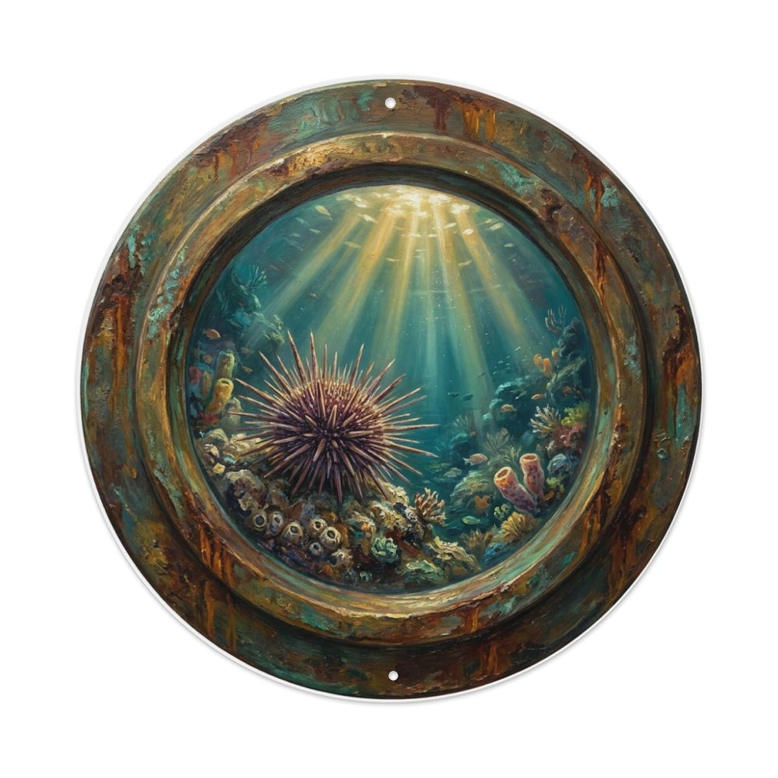 Metal Tin Sign Vintage Porthole Sea Urchin Spines Ship Window Undersea