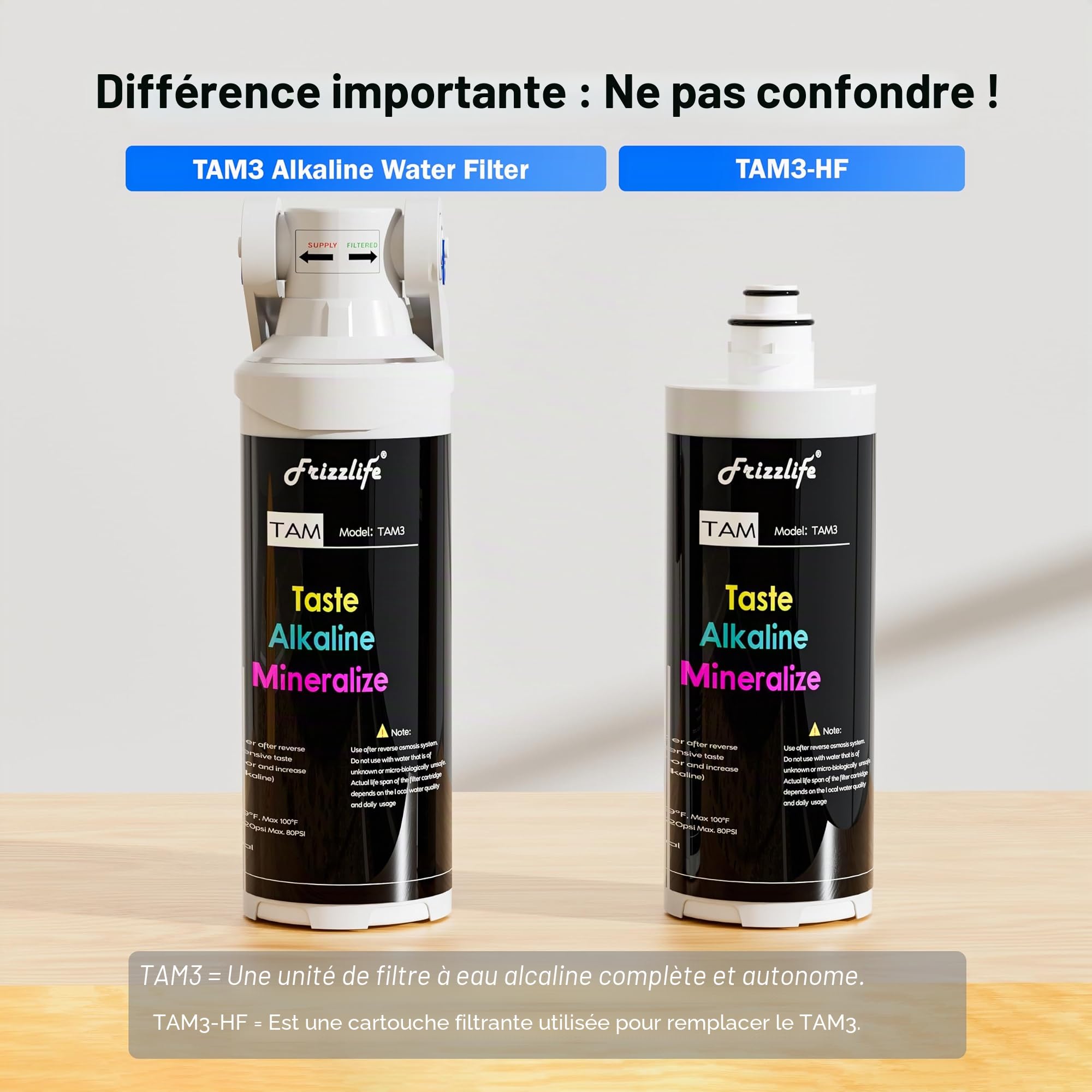 Frizzlife Reminéralisation alcaline Filtration d'eau sous évier - Post-filtre 1/4" à connexion rapide pour système d'osmose inverse RO, 3 étapes, Ajustez le PH, Restaure les minéraux essentiels, TAM3