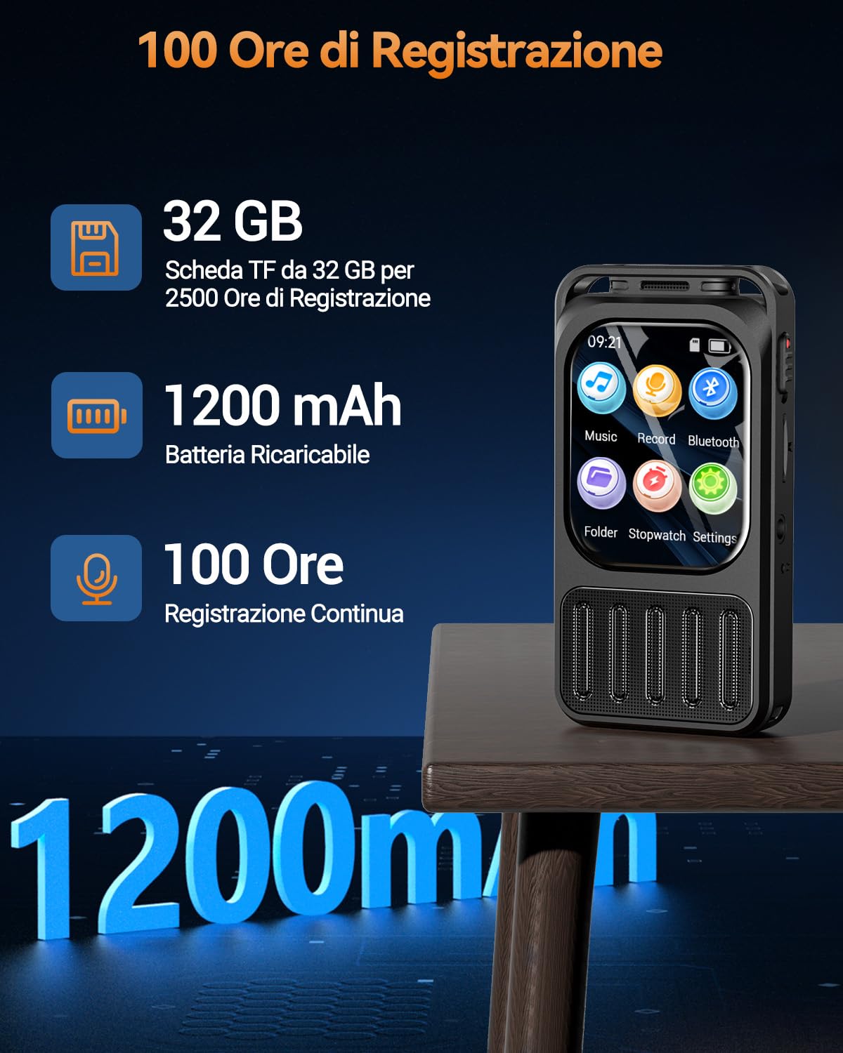 Registratore Vocale con Touchscreen 2", XIXITPY 100 Ore Registratore | Bluetooth, Doppio Microfono, Riduzione del Rumore AI, 32GB, Attivazione Vocale, MP3, Lezioni Riunioni Interviste