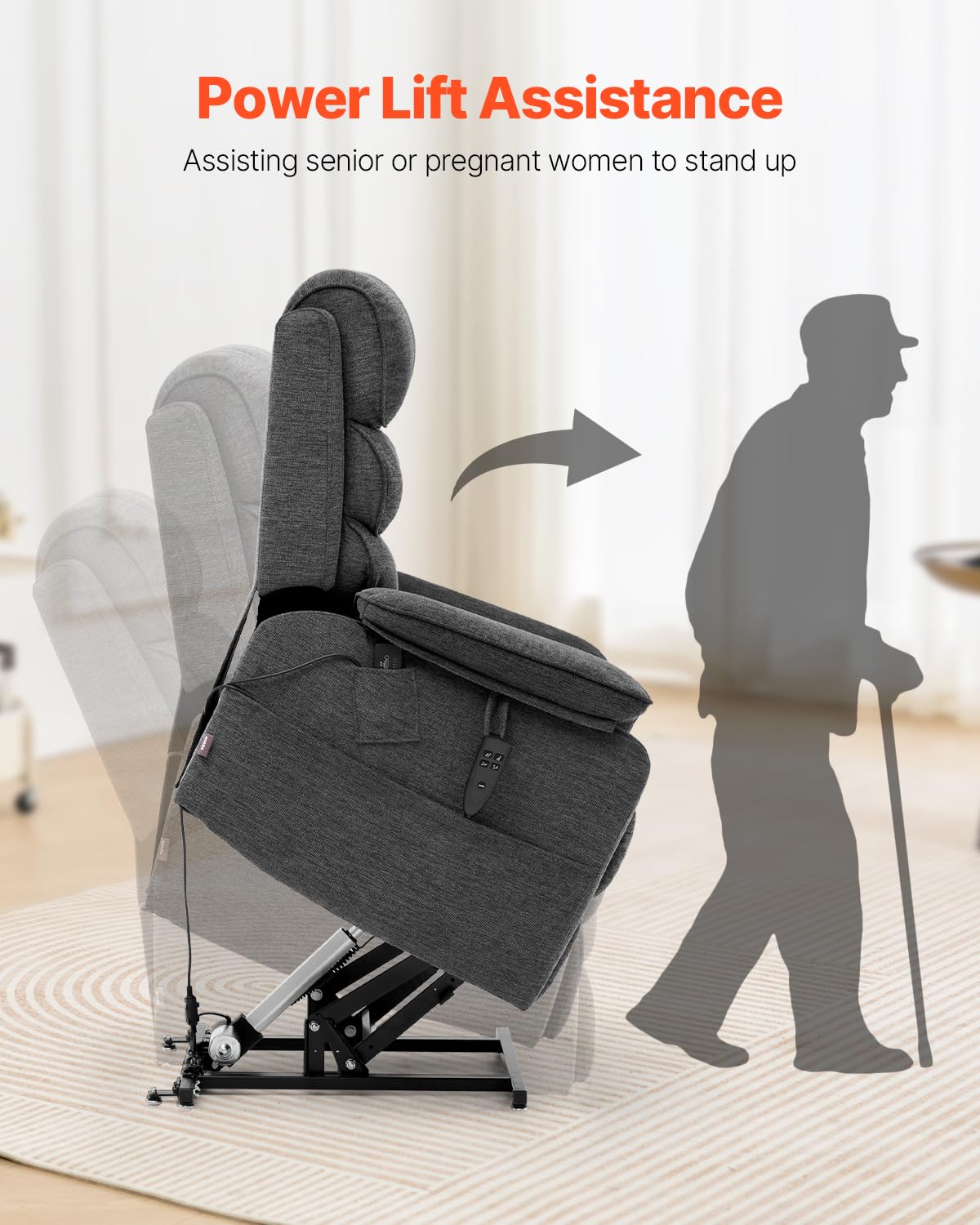 VEVOR Fauteuil inclinable électrique, fauteuil releveur avec chaleur et massage pour personnes âgées, fauteuil relax à double moteur avec 2 cordes anti-chute, réglage de position infini, gris foncé, M