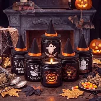 MTLEE Halloween Scented Soy Wax Candles, Set of 6 with Witch Hats