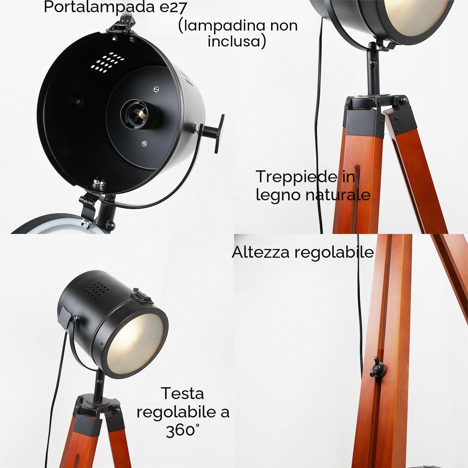 Alpinaluz lampada da terra con tripode in legno naturale, paralume nero opaco in vetro satinato, altezza regolabile, stile vintage retro cinema, attacco E27 per soggiorno