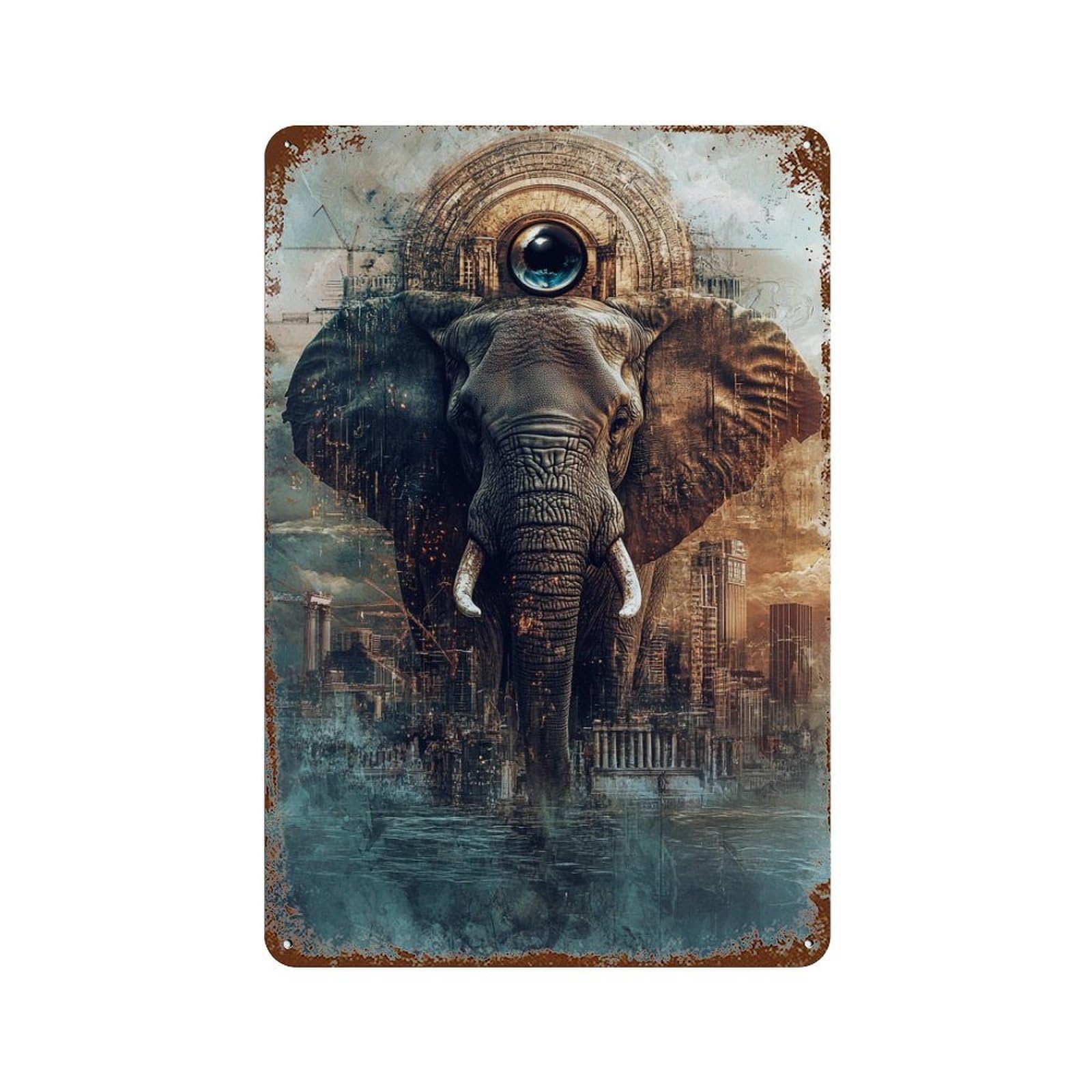 Urban Elephant Majesty Rust Effect Tin Sign 11.8"x7.9", for Farmhouse, Kitchen And Entryway Decor, Decorative Metal Wall Art