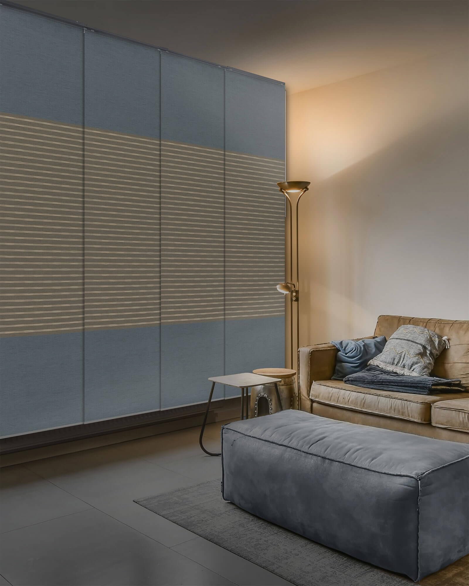 GoDear Design99.99% Blackout Vertical Blinds 116-218 cm W x Up to 243 cm H, Extendable Rail Track Blinds for Bedroom, Sliding Glass Patio Door, Large Window, Denim Stitch