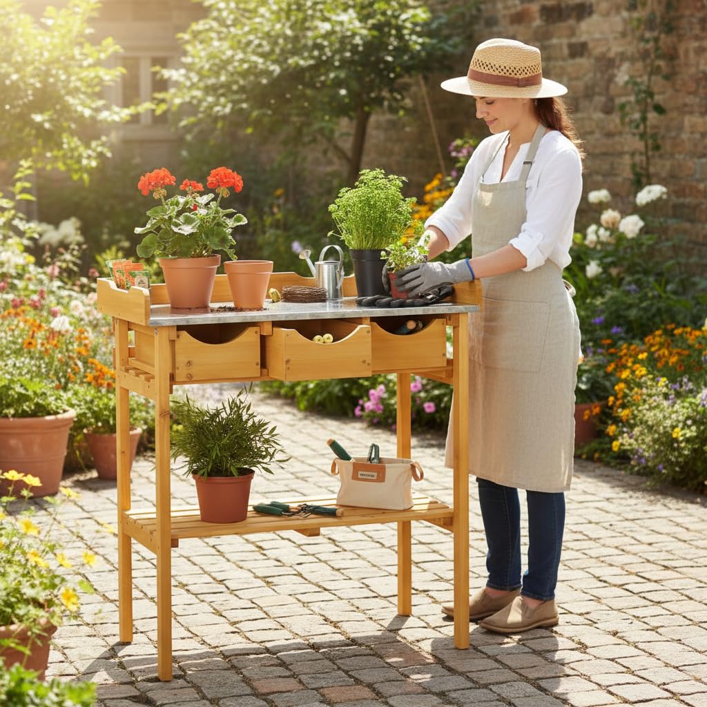 Melko Gartenarbeitstisch Gartentisch Pflanzentisch mit DREI Schubladen im Landhausstil aus Fichtenholz für den Außenbereich, 80 x 40 x 82 cm, Honigton Braun