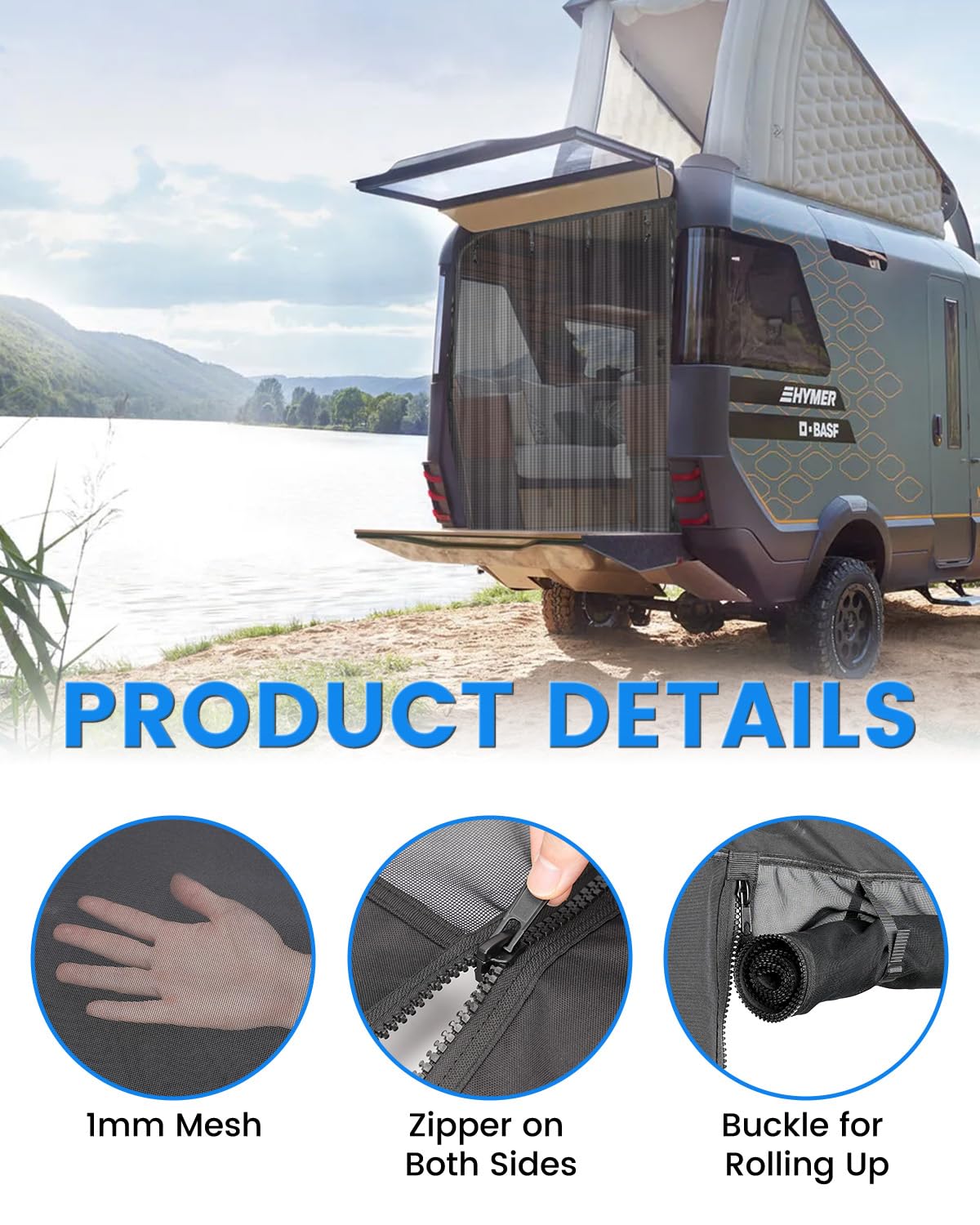 SUPAREE 170x165cm Moustiquaire Hayon Voiture Moustiquaires Porte Arrière Moustiquaire pour Porte de Van Universel avec Fermeture Auto-agrippante et Zipper pour Camping-Car Caravane