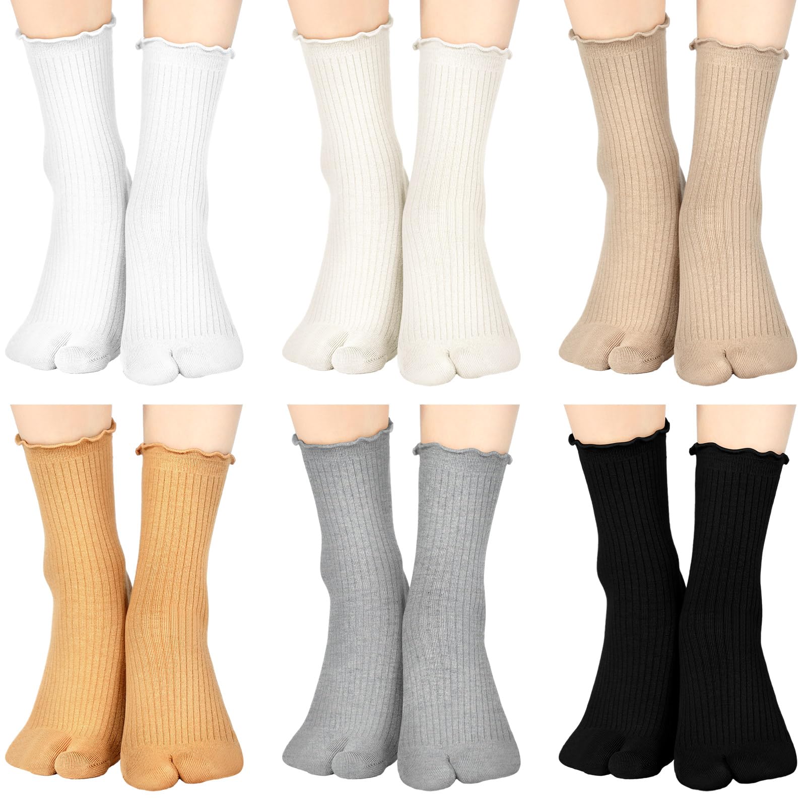 6 Pairs Tabi Split Toe Socks Ruffle Frilly Tabi Socks Elastic Cotton Sandal Socks for Men Women