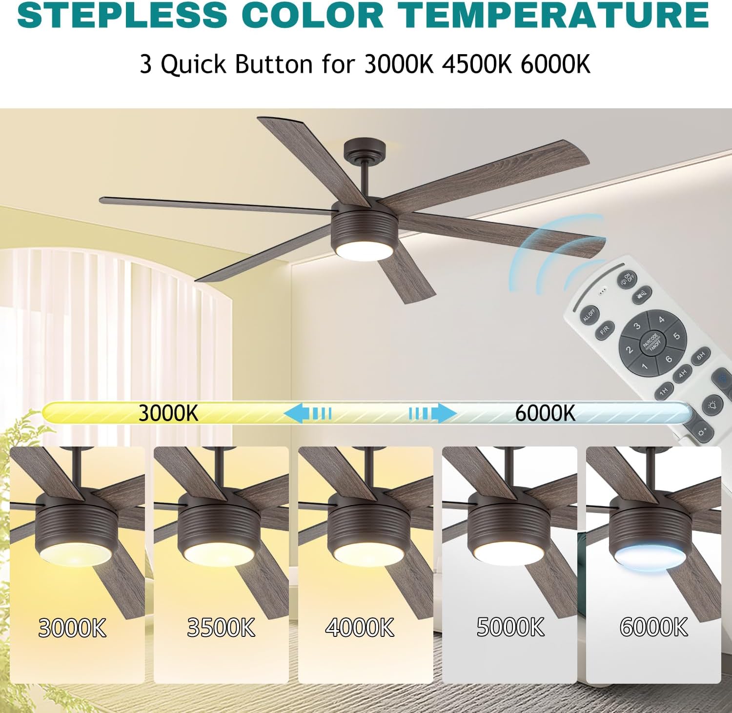 SHOWDI Ceiling Fan with Lights and Remote, 6 Blade App Control Timer Reversible Stepless Brightness and Color Temperature Outdoor Wood Ceiling Fan with Lights (Brown, 72 Inch)