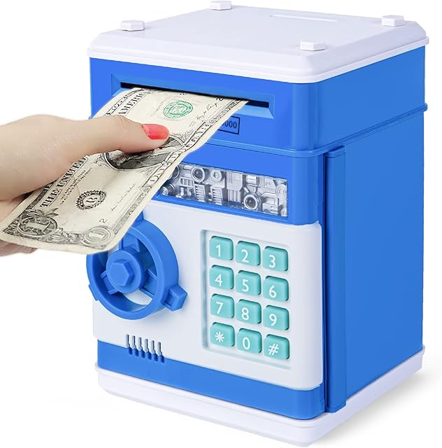Thedttoy Electronic Piggy Bank Money Safe Password Money Box for Kids Ages 3 4 5 6+, Mini ATM Bank Safe Coin Cash Banks Money Saving Box, Great Boys Girls Gift for Birthday Thanksgiving (Blue)