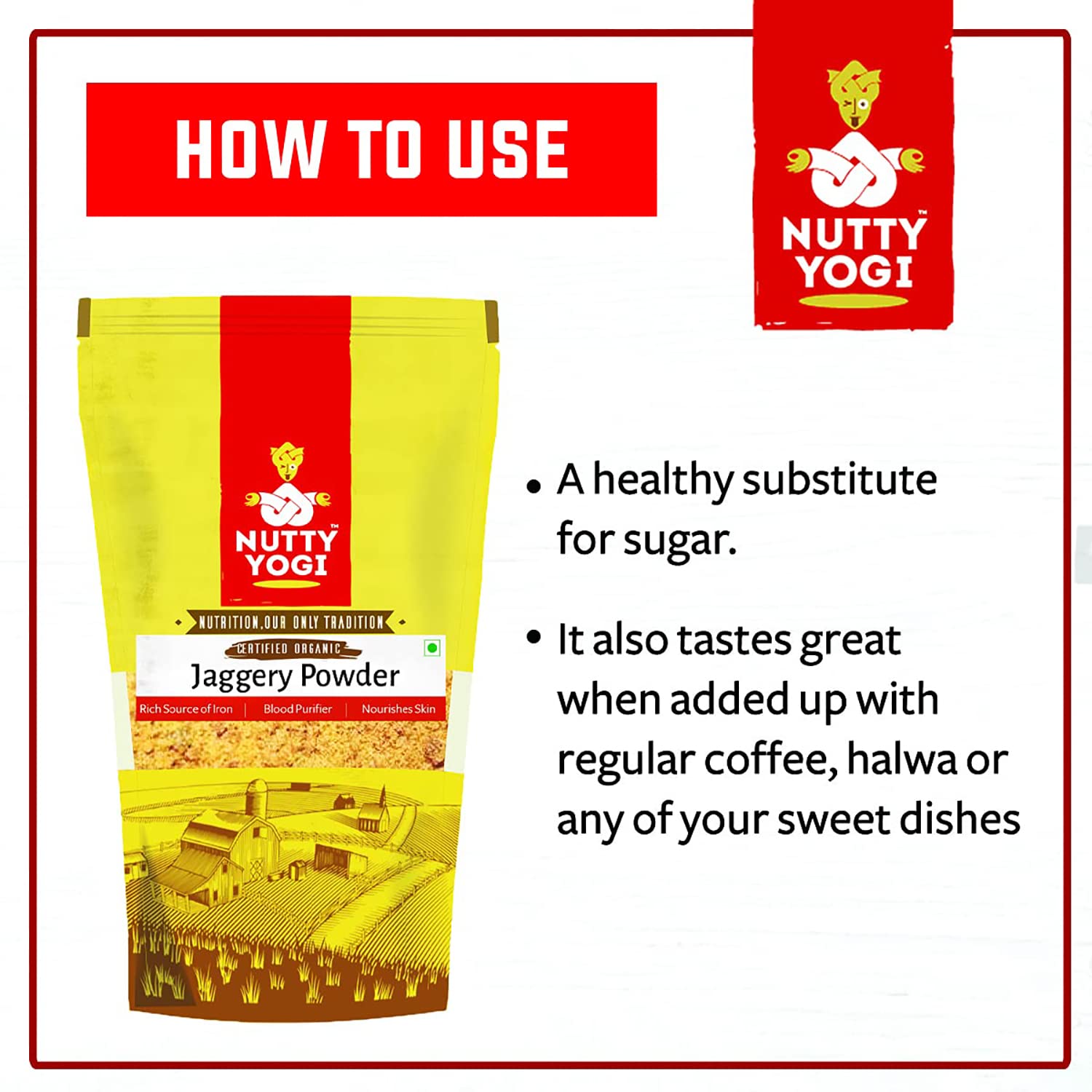 Nutty Yogi Organic Jaggery Powder Low Gi, High In Nutrients, 100% Organic, Sweetener, Caramel Flavour, Tea, Original Gur(500 G (Pack Of 4))