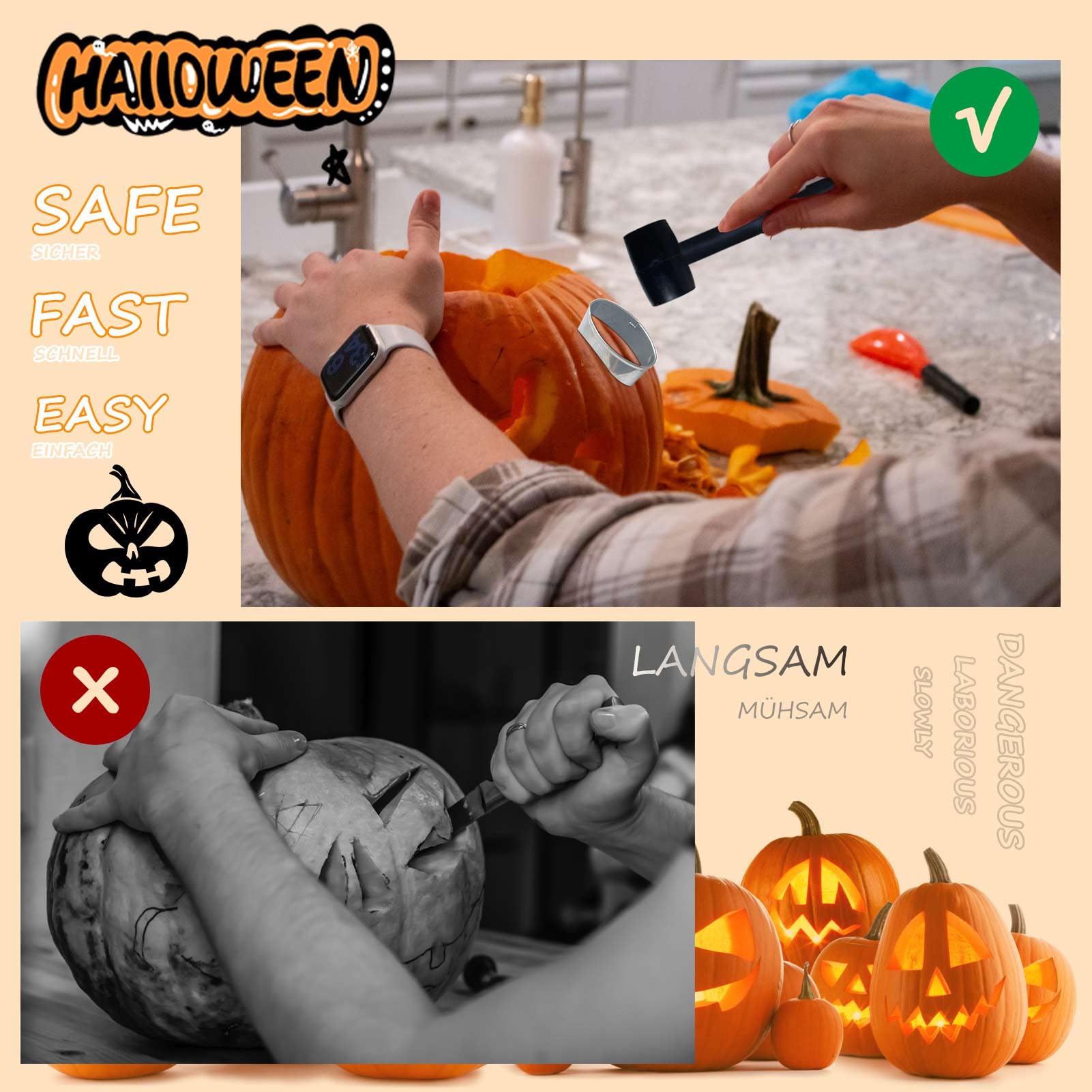 Kit de Tallado de Calabaza de Halloween: Juego de 13 Piezas Herramientas Calabazas de Acero Inoxidable con Martillo y Cortadores de Galletas Pumpkin Carving Kit para Familia