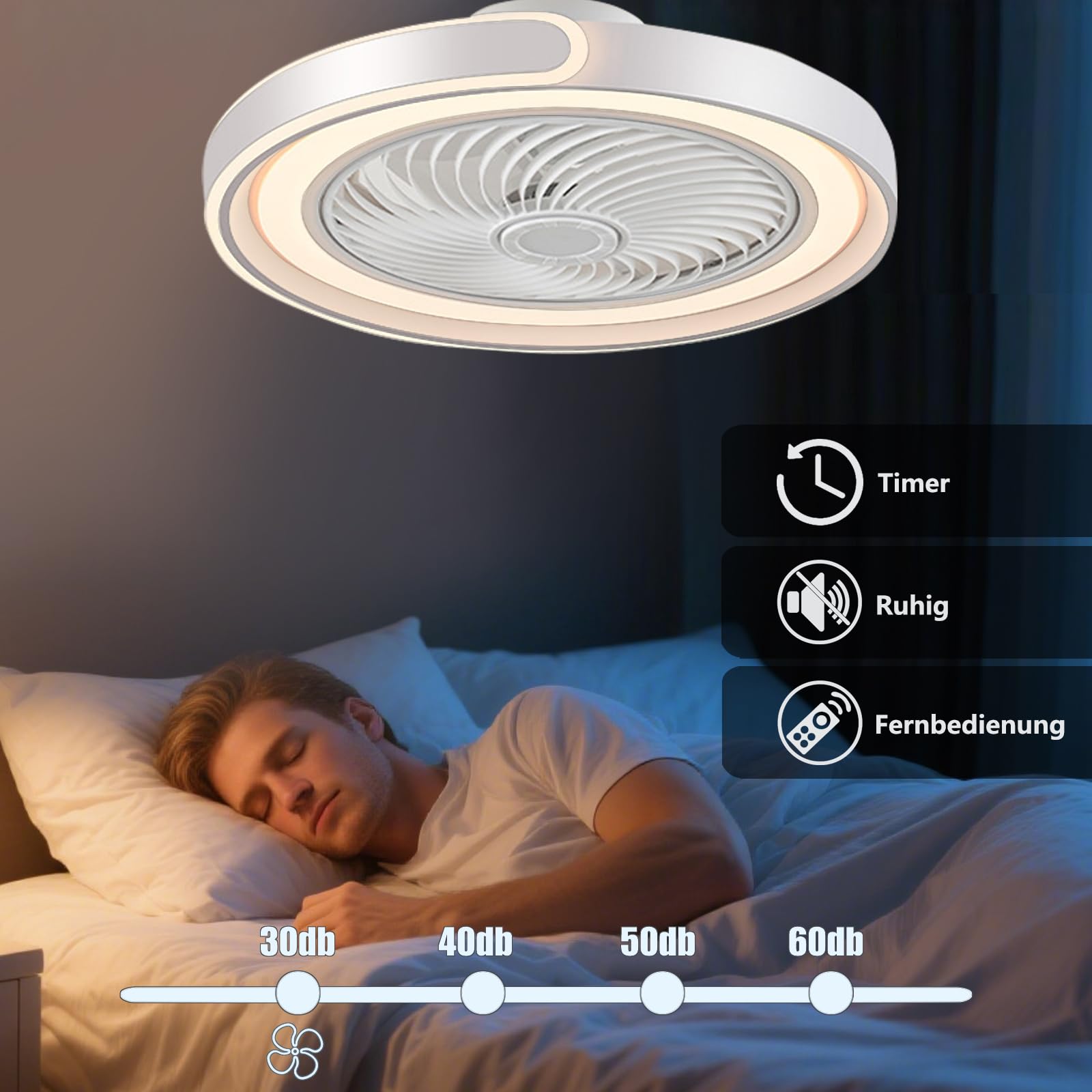 LED Deckenventilator mit Beleuchtung, Leiser DC-Motor, 70W Dimmbar, Fernbedienung & App, 6-Gang, Timer, Sommer/Winterbetrieb, 50cm Weiß