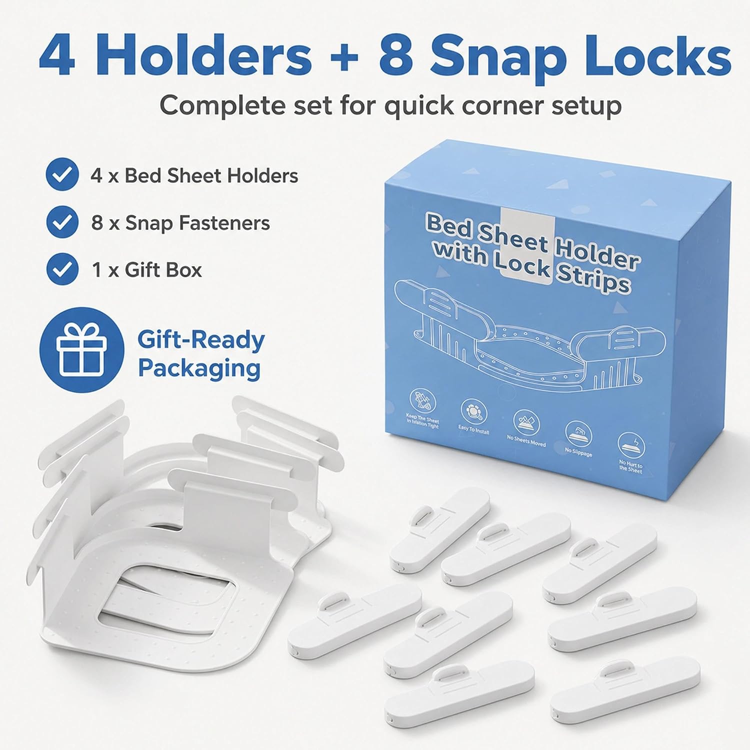 Bed Sheet Holders for Corners, 4 Pack Fitted Sheet Grippers with 8 Locks image 2