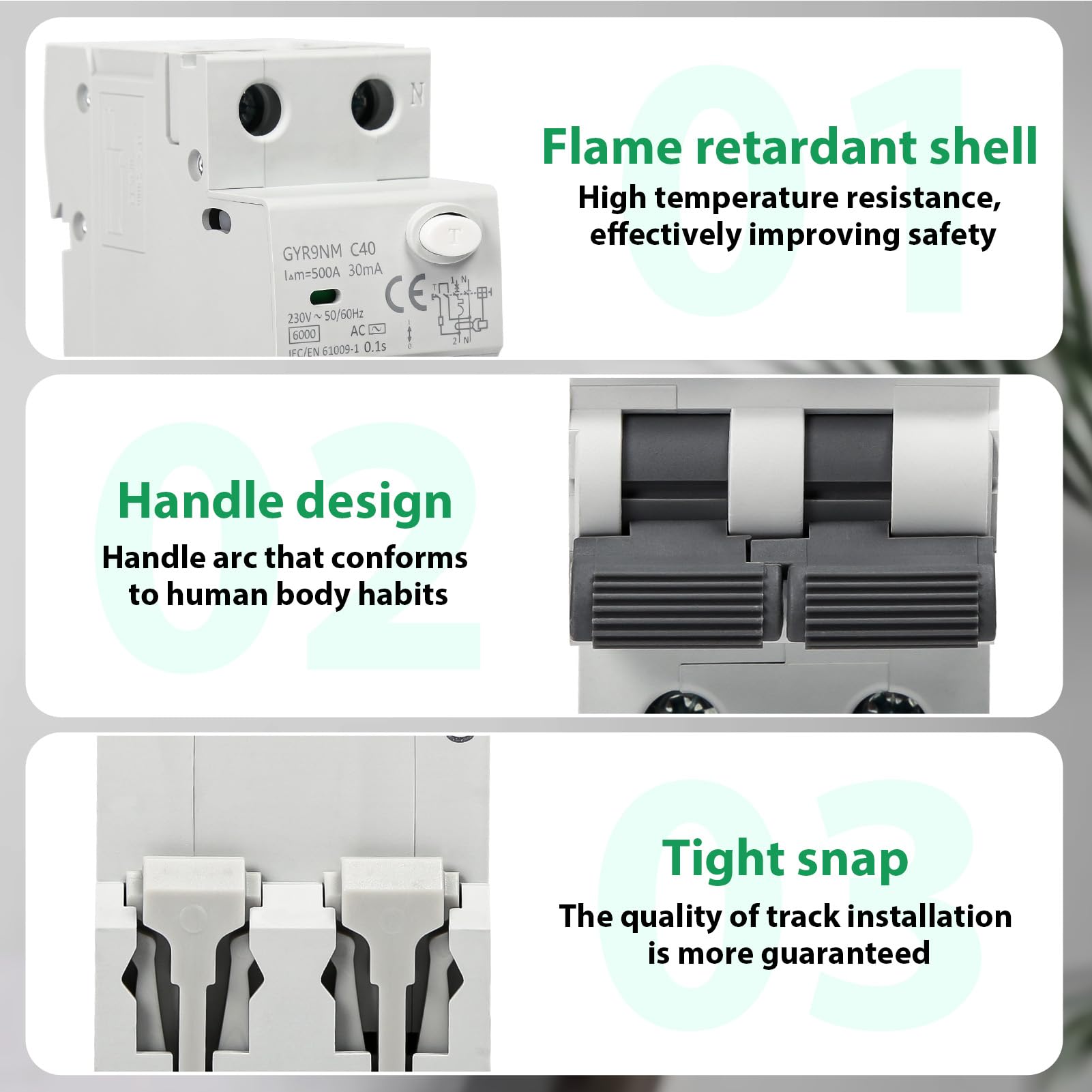 Disjoncteur différentiel 40a 30ma 1P+N Interrupteur Différentiel RCBO 6KA AC 220V avec protection contre les courants de fuite, les surcharges et les courts circuits.