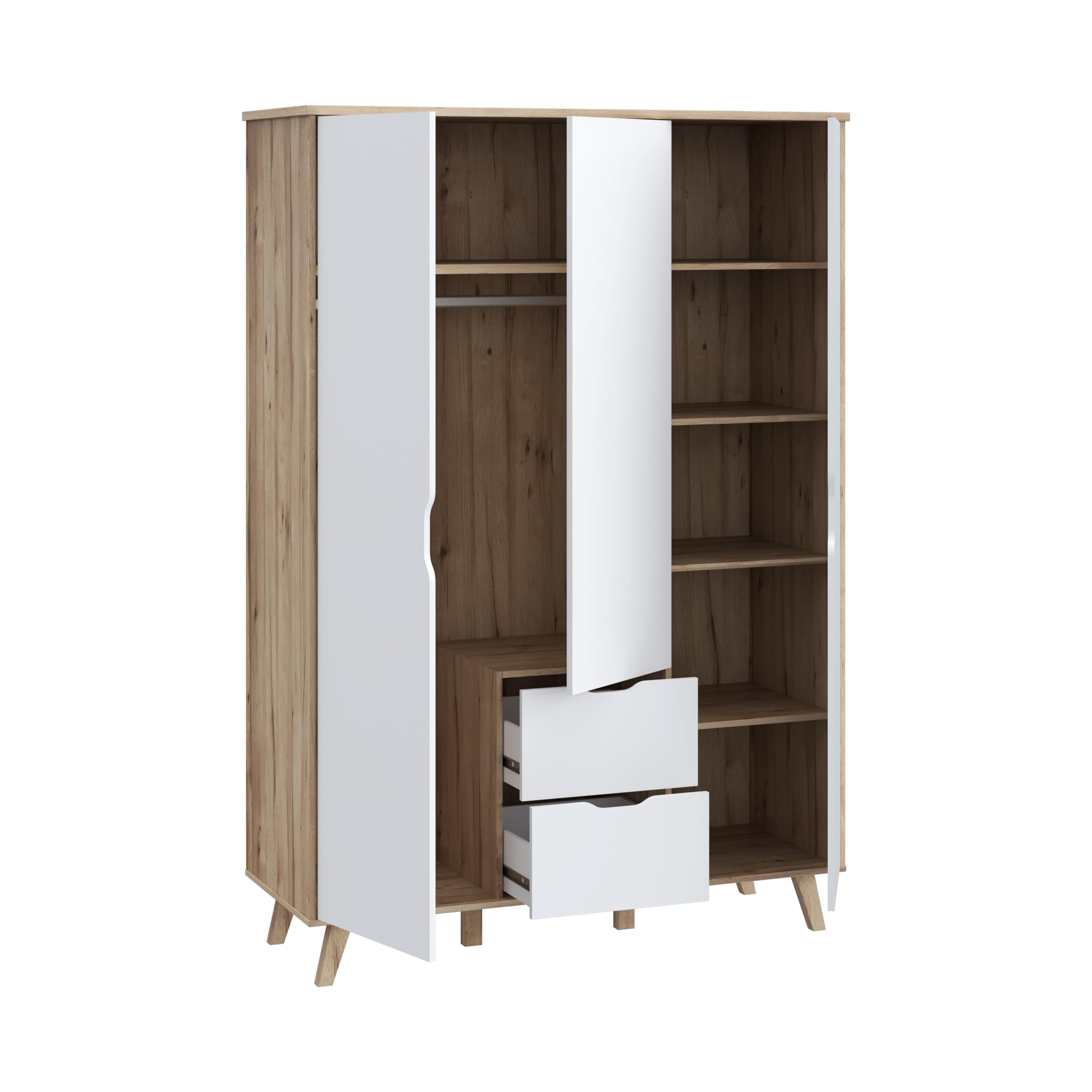 FORTE VANKKA Schrank 140, Kleiderschrank 2 Schubladen, Drehtürenschrank Skandinavisch, Schlafzimmerschrank Kinderzimmerschrank 3-türig Planked Eiche/Weiß, 139 cm breit x 201.5 cm hoch x 53 cm tief