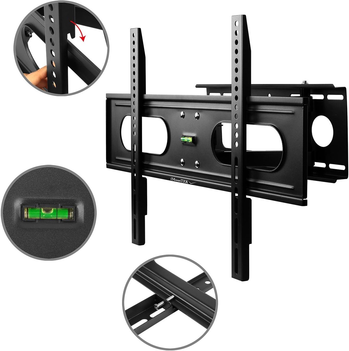 A TV mounted on the iMounTEK wall mount, extended from the wall and angled for viewing.