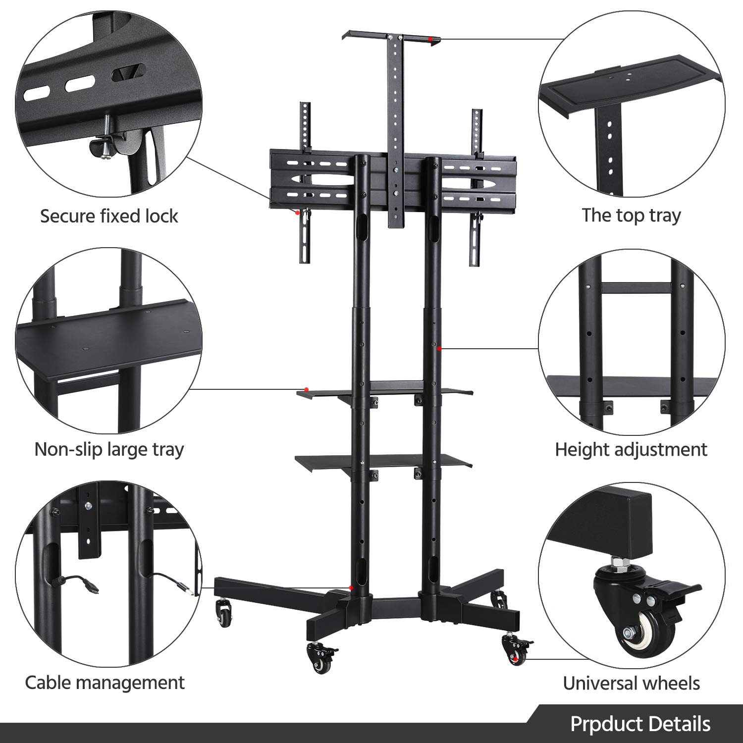 Yaheetech Supporto/Carrello TV Pavimento per Schermi LCD/LED/PLASMA 30-60 Pollici con Ruote Portata 50 kg Max VESA 600 x 400 mm 3 Ripiani Altezza Regolabile Gestione di Cavi Portata 50 kg