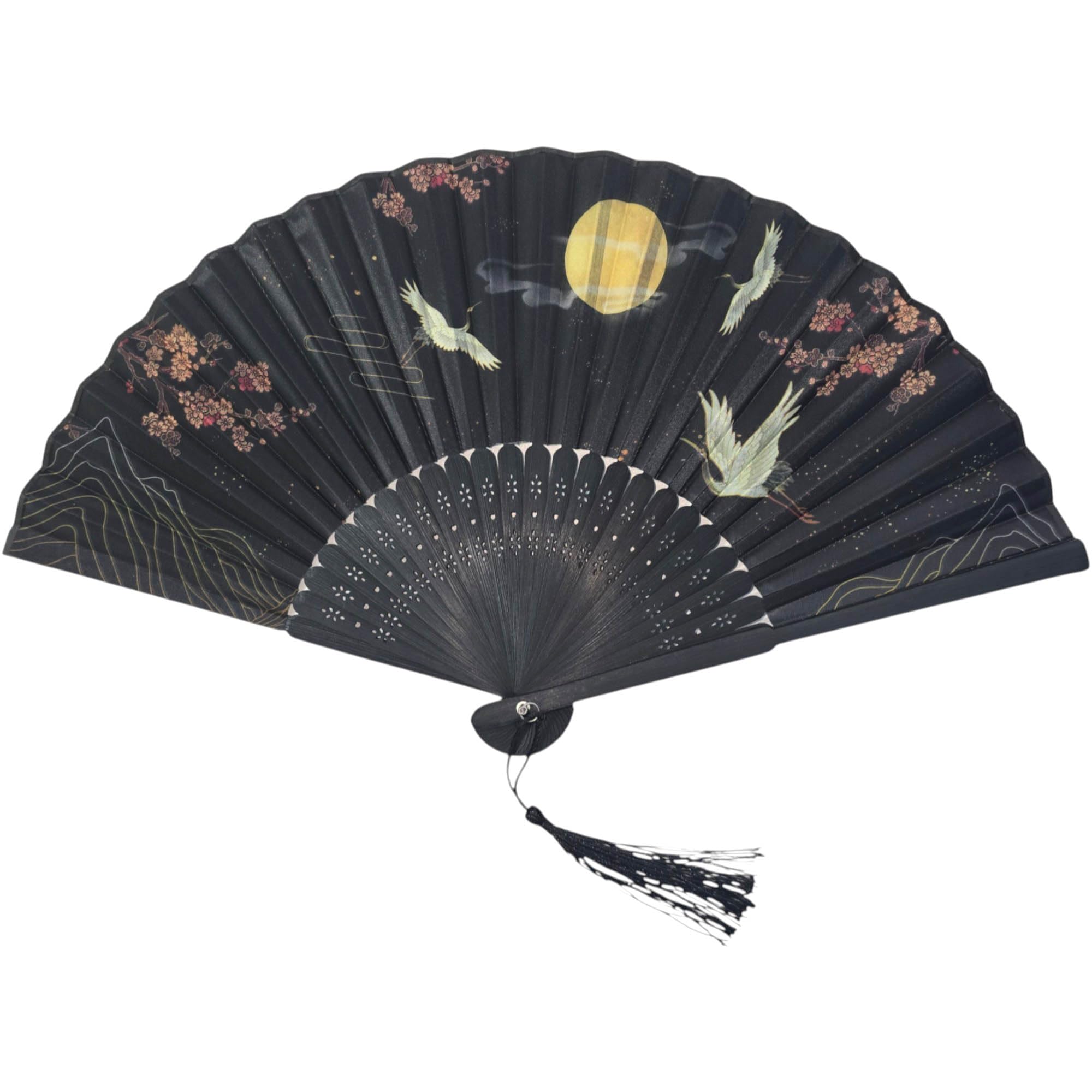 GFM® Bamboo Silk Handheld Folding Chinese Hand Fans for Summer, Wedding, Party Favour etc (FLSLK-MR-B) (FLSLK-H053-1-Cranes)(FLSLK-H053-1)