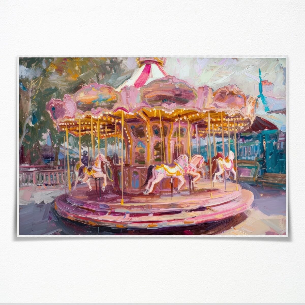 WLZWD Vintage Pink Girly Carousel Wall Art Poster Preppy Room Decor Pink Nursery Art for Kids Room Aesthetic Decor Unframed12x8inch