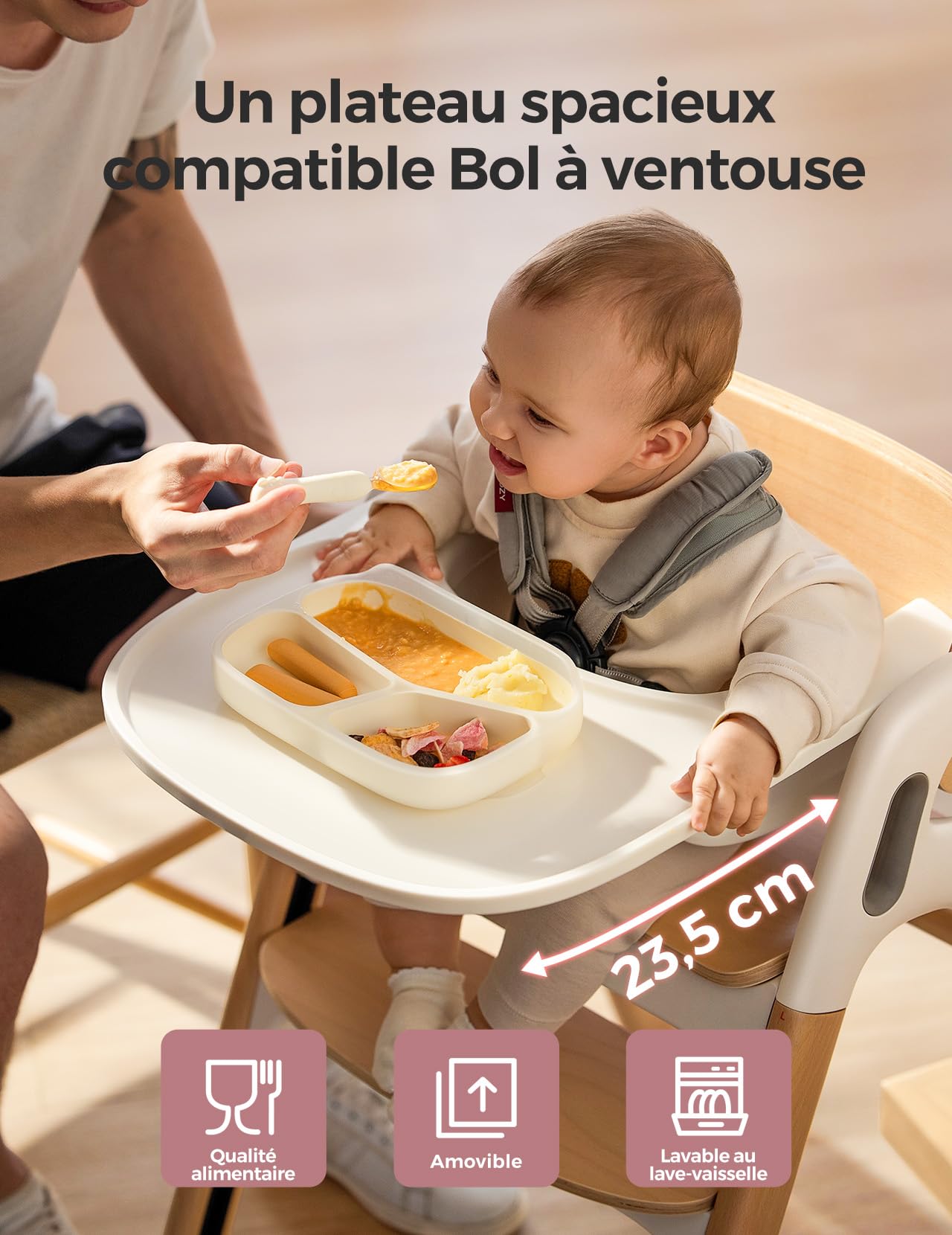 Momcozy Chaise Haute Bébé, Bois Naturel, Réglable, Convertible, Plateau | Lavable, Ergonomique, Lave-Vaisselle, Qualité Alimentaire, Repas, Sécurité, Voyage, Cadeau