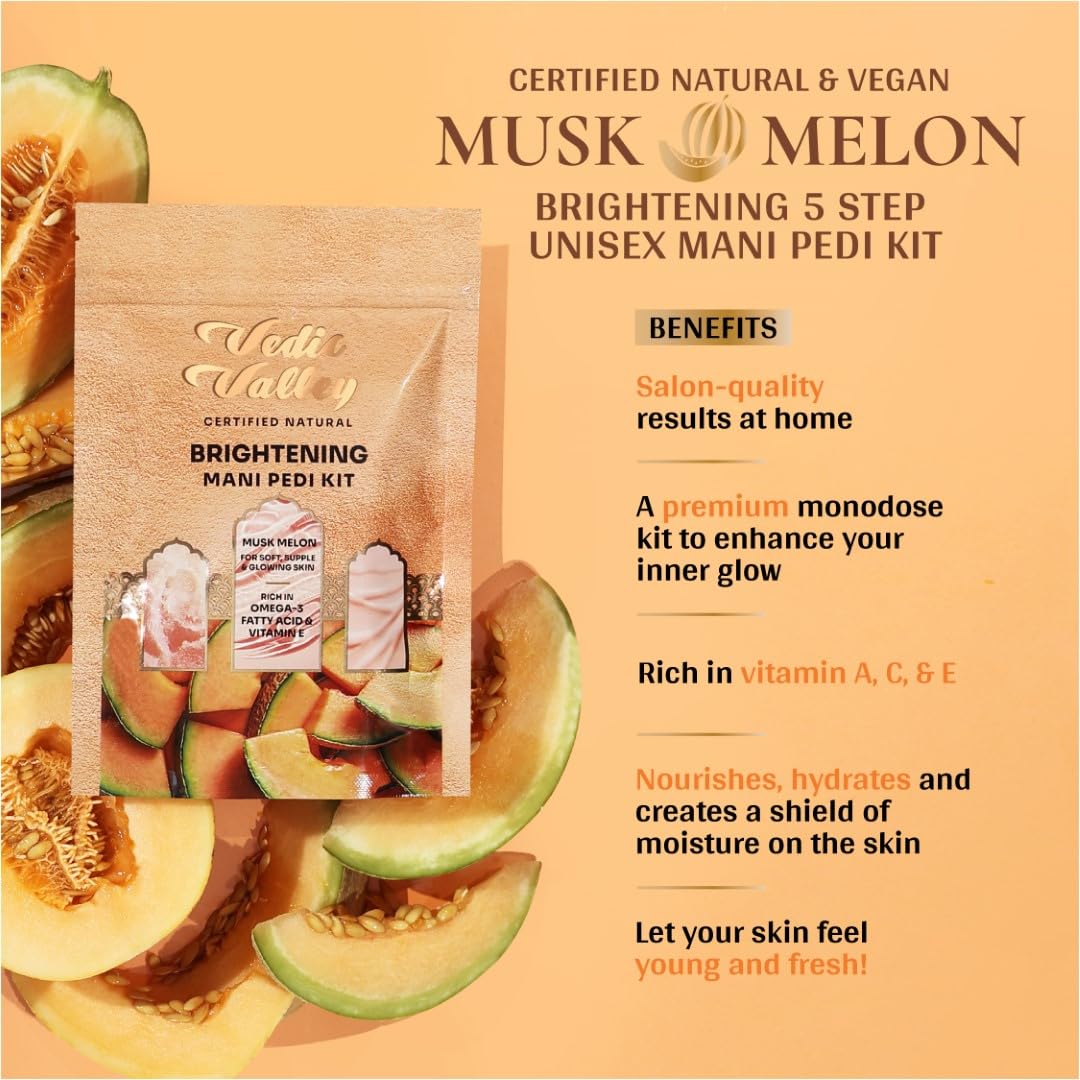 Vedic Valley Manicure Pedicure Kit for Women & Men with Foot Peeling Mask, D-Tan Scrub & Moisturizing Cream | Mani Pedi Care Kit for Repairs Cracked Heels, Removes Dead Skin, Hydrates & Nourishes Hands & Feet | Muskmelon 75gm 1