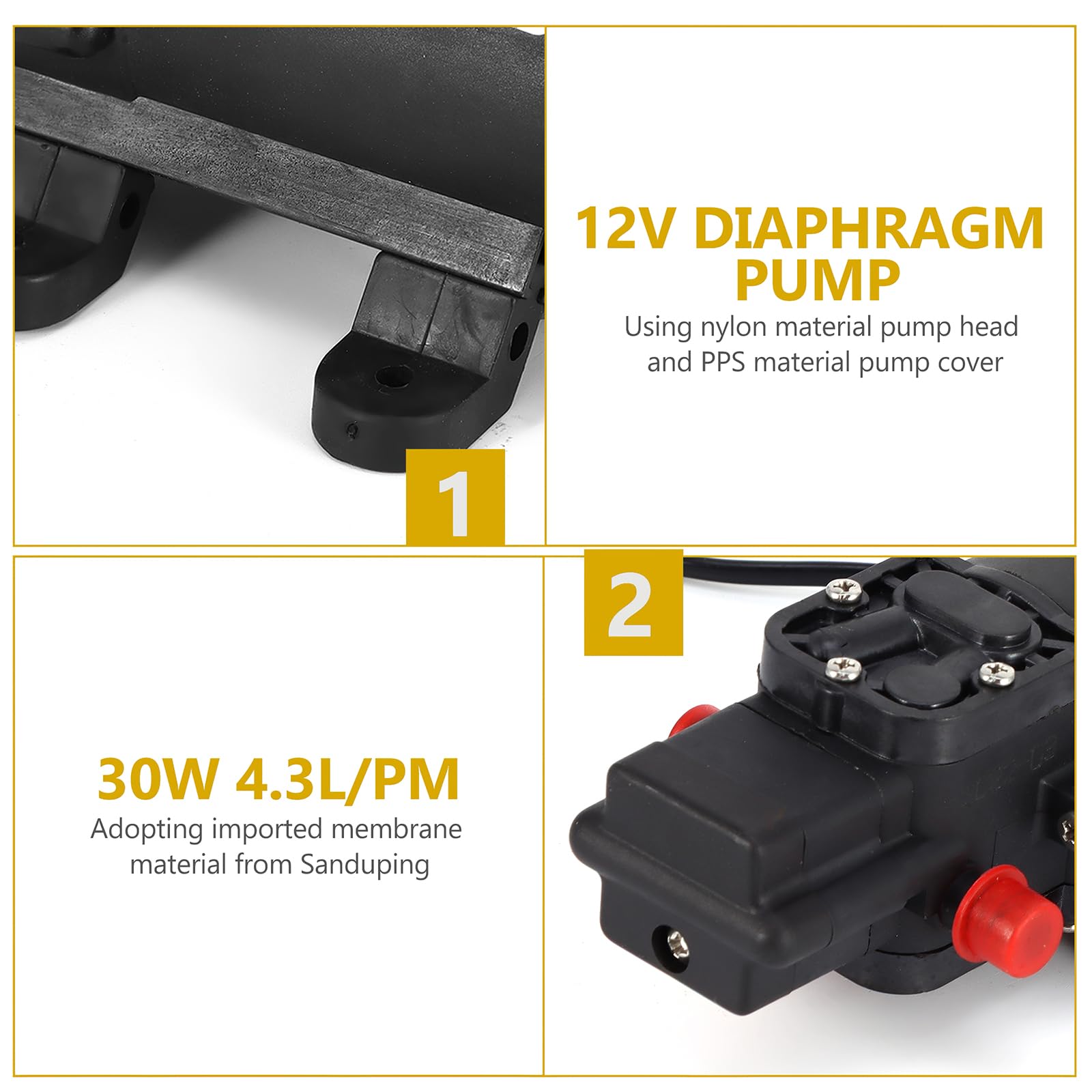 Pompa a membrana, 30 W, 12 V, 4,3 l/PM, pompa ad acqua autoadescante per barche, camper, yacht, giardino, camper
