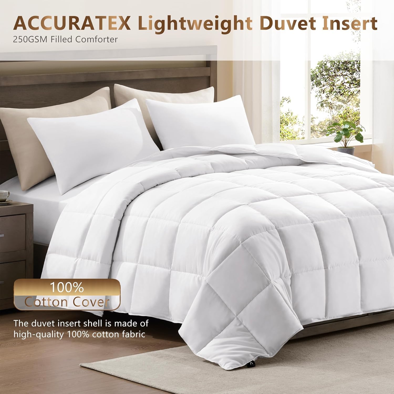ACCURATEX Couette légère 250 g/m², enveloppe 100% Coton, 200×200 cm | douce & respirante, garnissage effet duvet en microfibre, légère et confortable, 8 attaches d'angle, lavable en machine