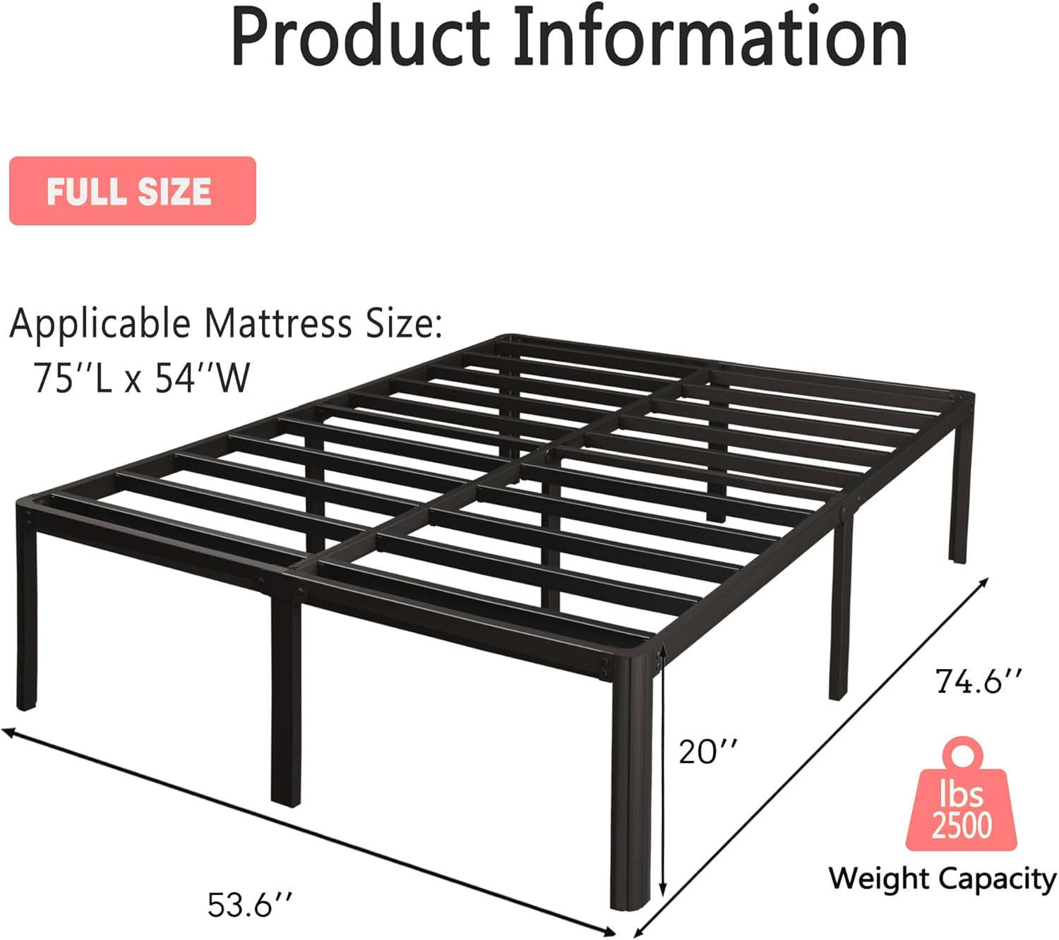 Full Size Black Metal Platform Bed Frame with Slats