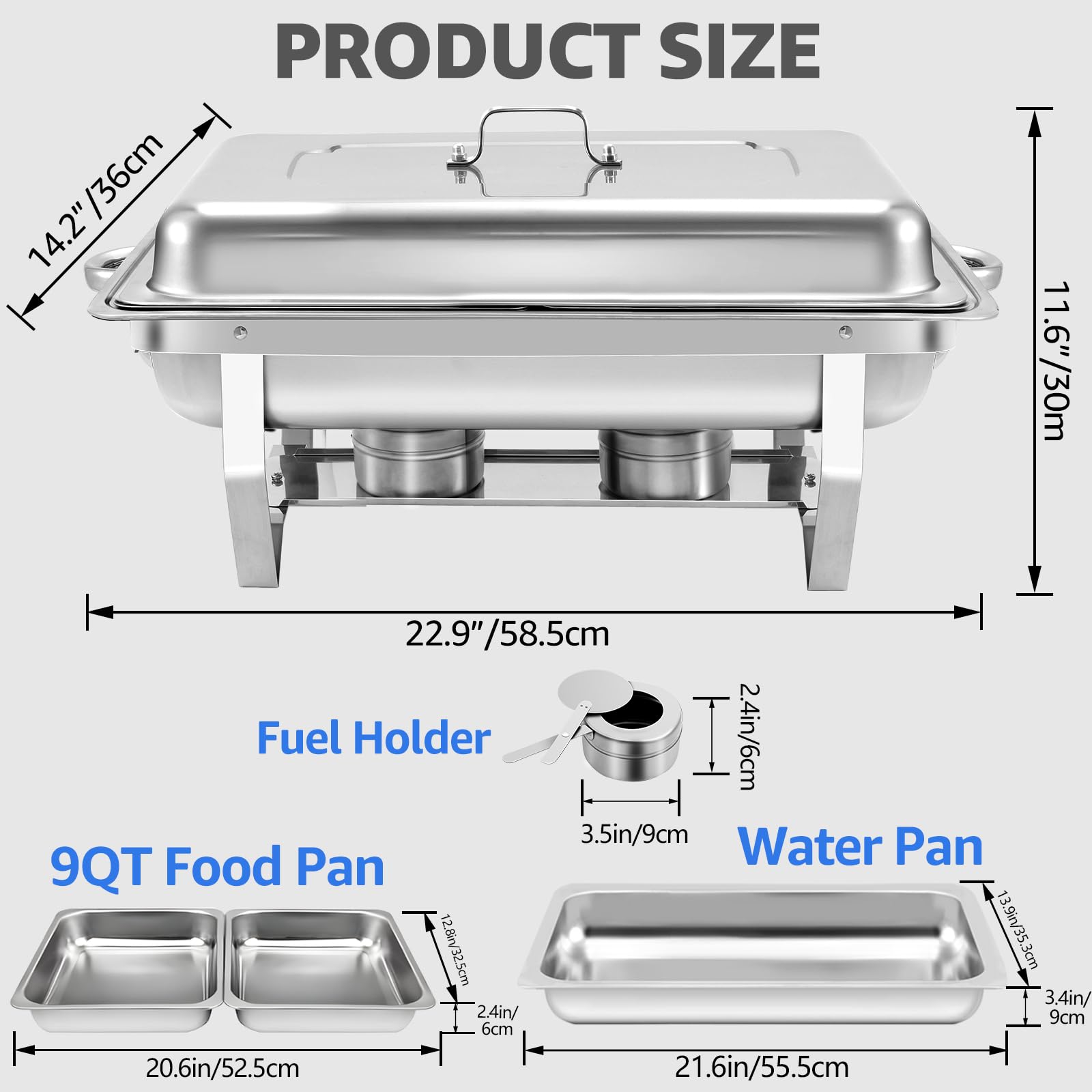 Paquete de 6 platos para bufé de calentadores de alimentos de acero inoxidable de 9 cuartos de galón y calentadores de buffet, juegos de chafers de catering comercial, 12 sartenes (tamaño