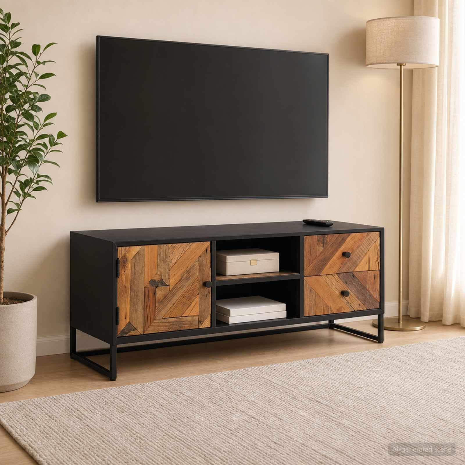 Hothingwell Mueble TV Madera Recuperada 105 cm | Con Cajón, Almacenamiento Multimedia, Estilo Moderno, Ensamblaje Fácil