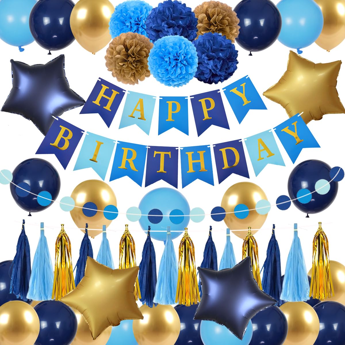 Navy Blue and Gold Birthday Party Decorations with Happy Birthday Banner, Tissue Pom Poms, Tassels Garland, Navy and Light Blue Gold Balloons, Circle
