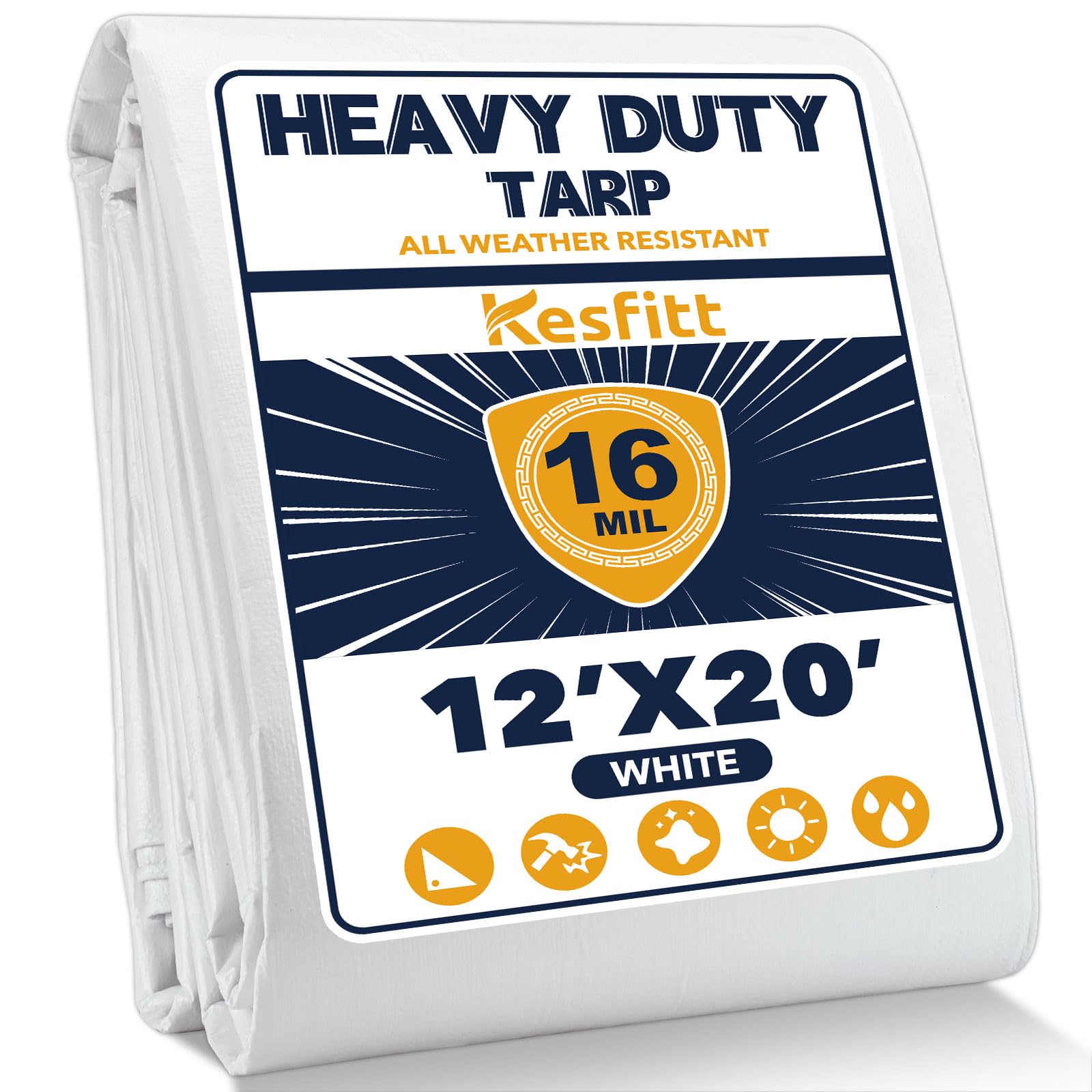 Kesfitt 16 Mil Heavy Duty Waterproof White Tarp, 12x20 ft, 100% Virgin Polyethylene, Reinforced Grommets, UV Resistant Outdoor Tarp for Storm